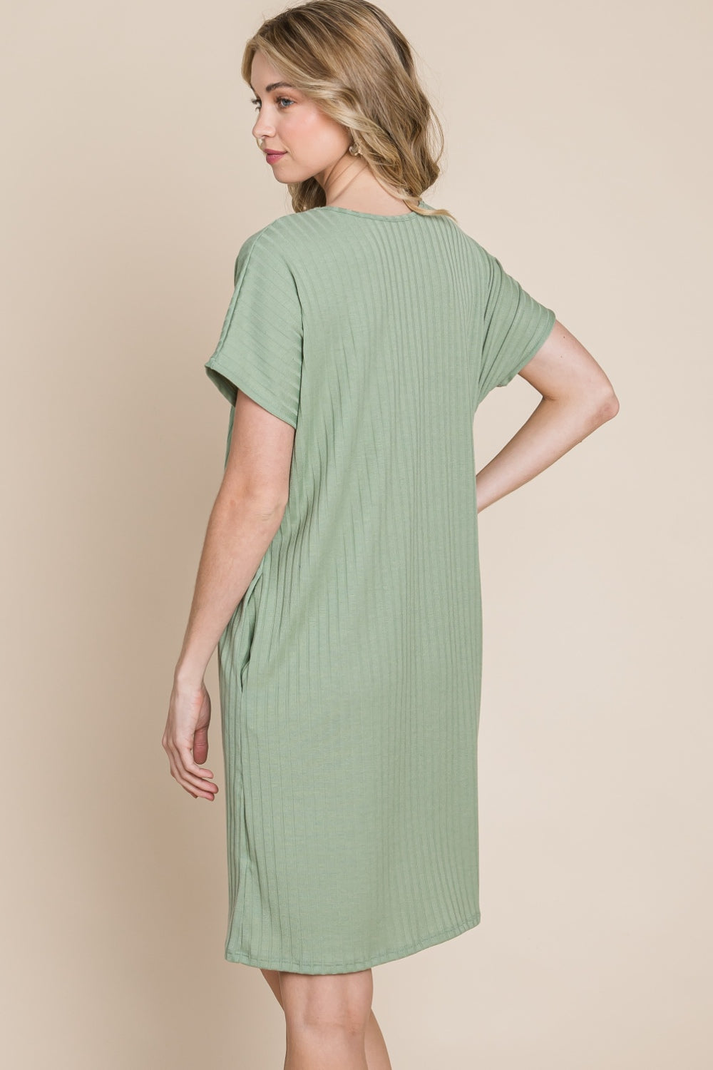 Blue Zone Planet | BOMBOM Ribbed Round Neck Short Sleeve Dress BLUE ZONE PLANET