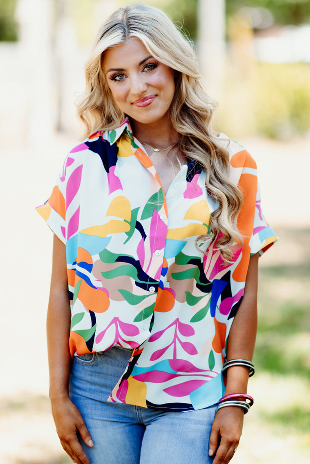 Blue Zone Planet | Multicolour Abstract Leafy Print Short Sleeve Shirt Blue Zone Planet