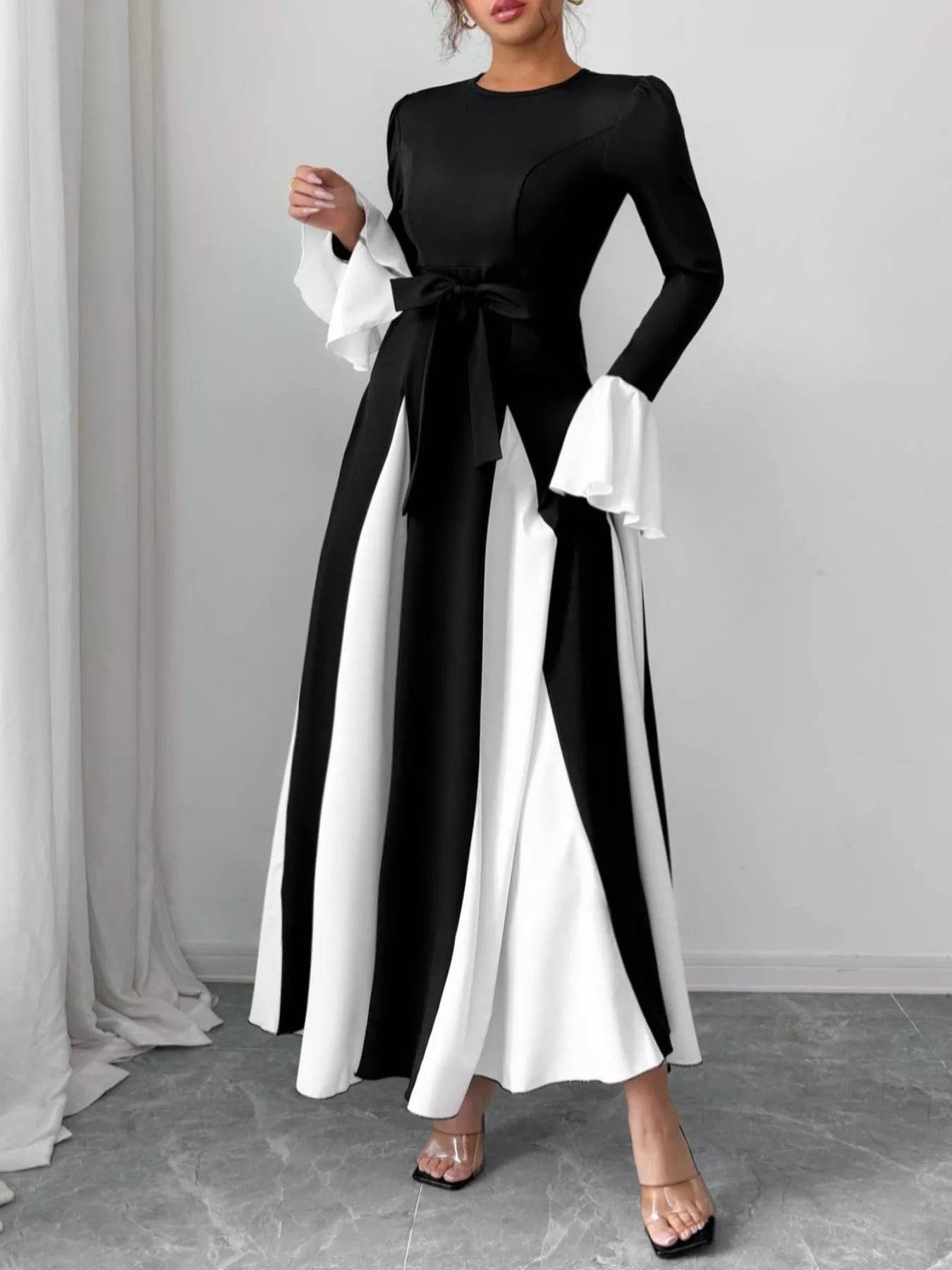 Contrast Round Neck Flare Sleeve Maxi Dress Black / S by Blue Zone Planet Contrast Round Neck Flare Sleeve Maxi Dress Black / S by Blue Zone Planet