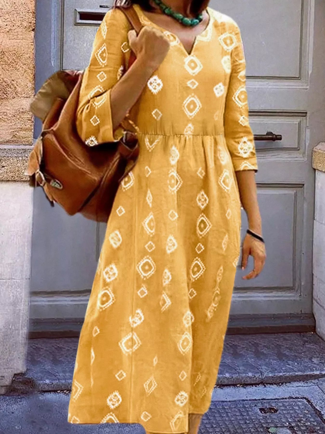 Notched 3/4 Sleeve Midi Dress – Blue Zone Planet