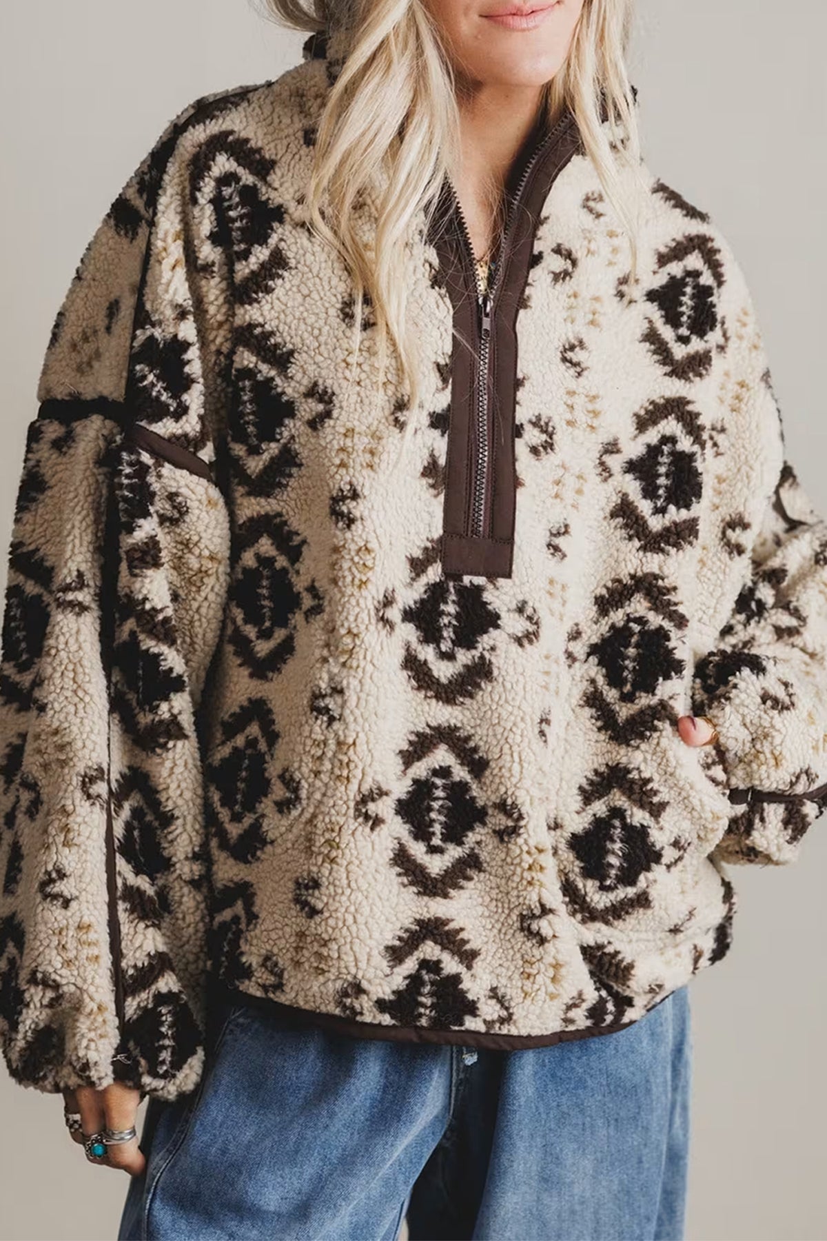 Khaki Western Print Geometric Fleece Pullover Sweatshirt
