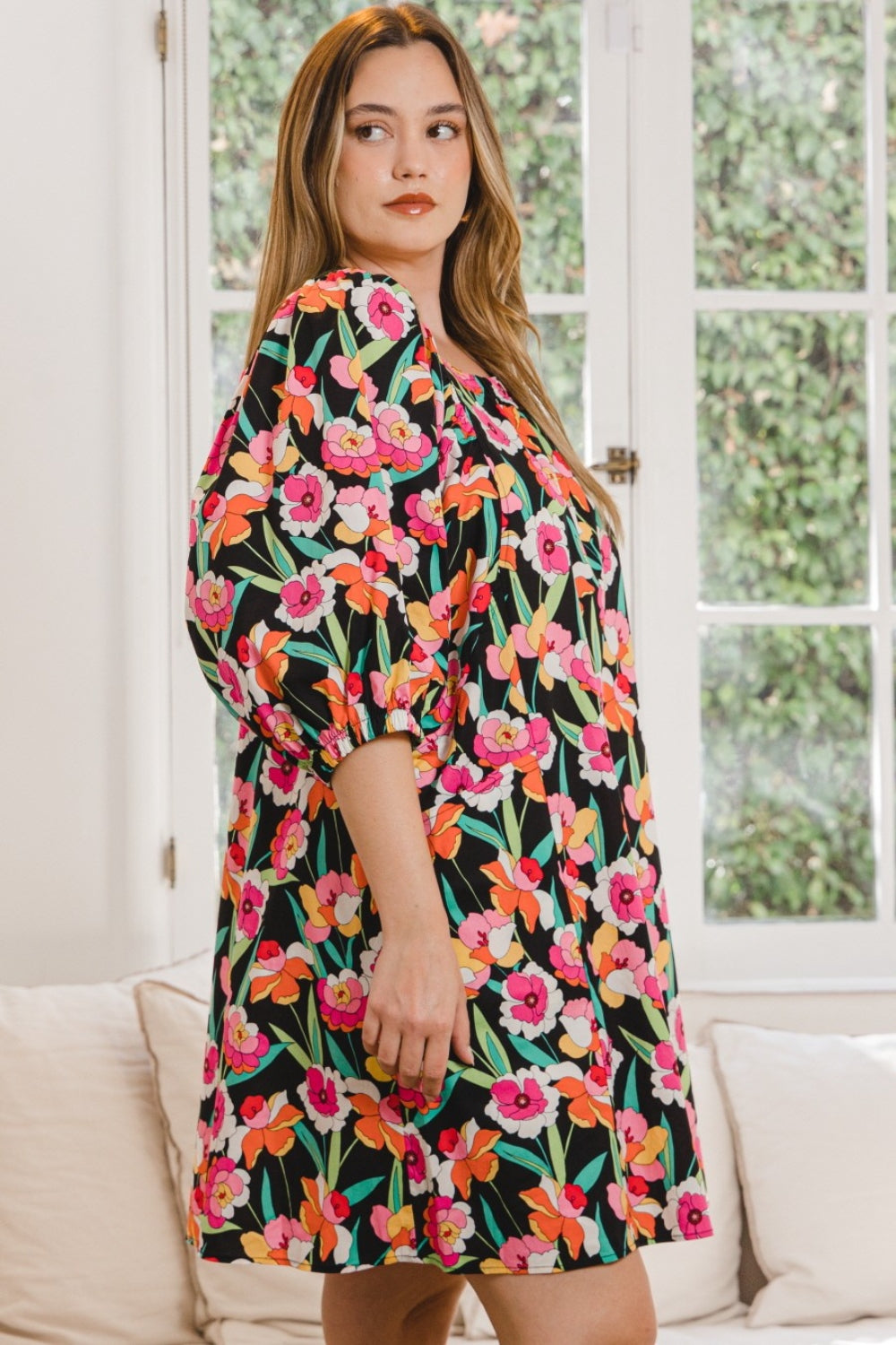 Blue Zone Planet | ODDI Full Size Floral Puff Sleeve Mini Dress BLUE ZONE PLANET