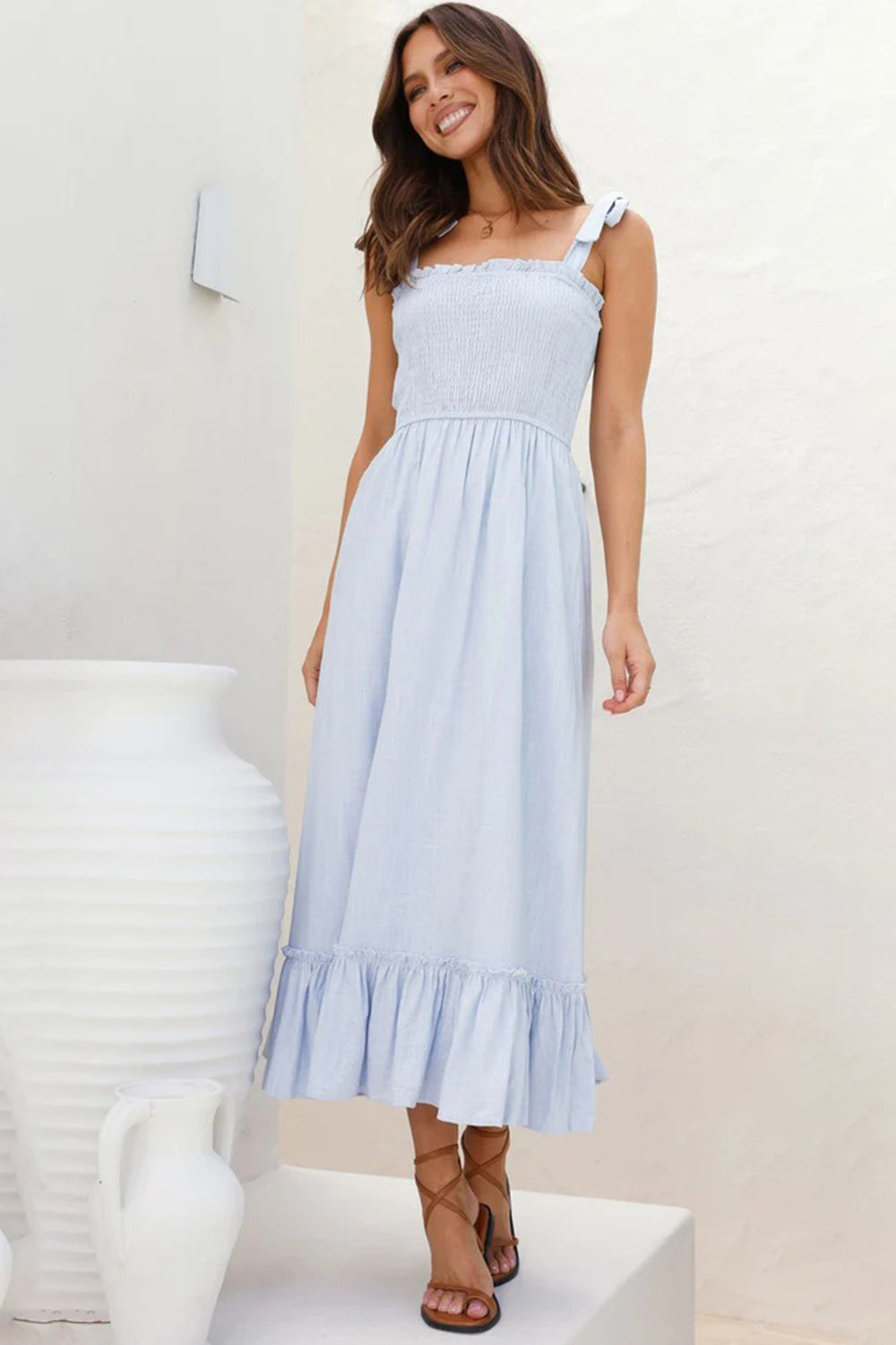 Blue Zone Planet | Ruffled Smocked Ruffle Hem Sleeveless Dress BLUE ZONE PLANET