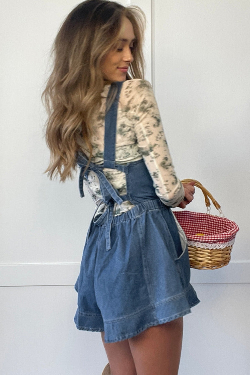 Sky Blue Buckle Straps Bib Style Drawstring Tied Backless Flared Denim Romper