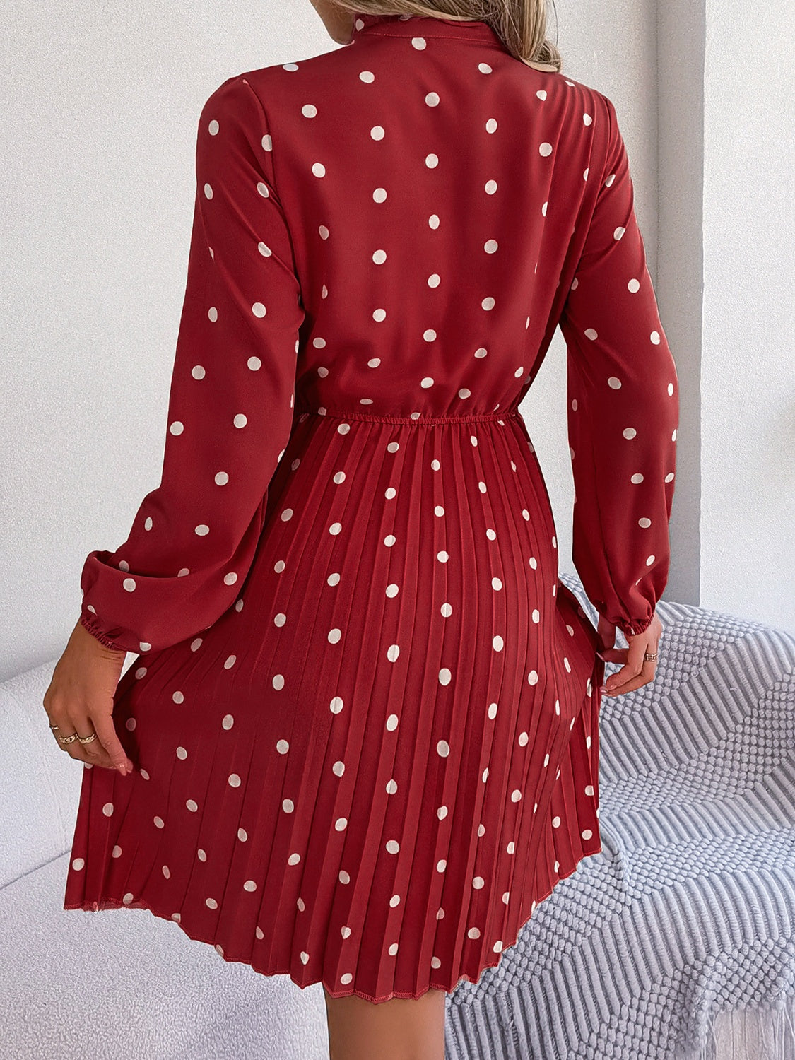 Polka Dot Tie Neck Pleated Dress BLUE ZONE PLANET