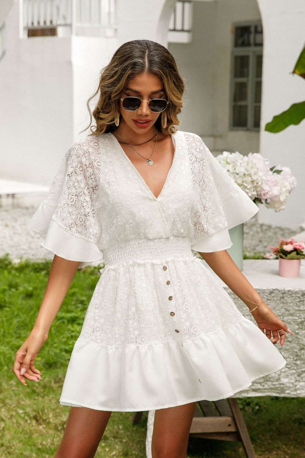 Blue Zone Planet |  Lace Cutout Surplice Half Sleeve Dress BLUE ZONE PLANET