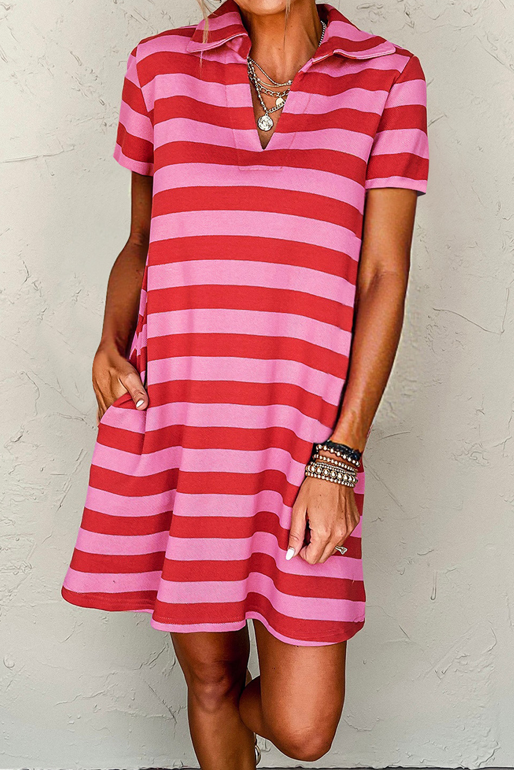 Sunny Angela Women's Striped Textured Knit Collared V Neck T Shirt Dress Sunny Angela Women's Striped Textured Knit Collared V Neck T Shirt Dress