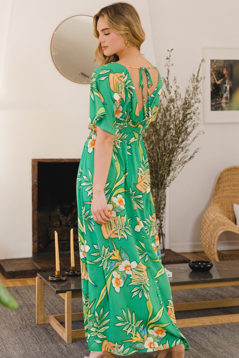 Blue Zone Planet | ODDI Full Size Floral Smocked Tied Back Maxi Dress BLUE ZONE PLANET