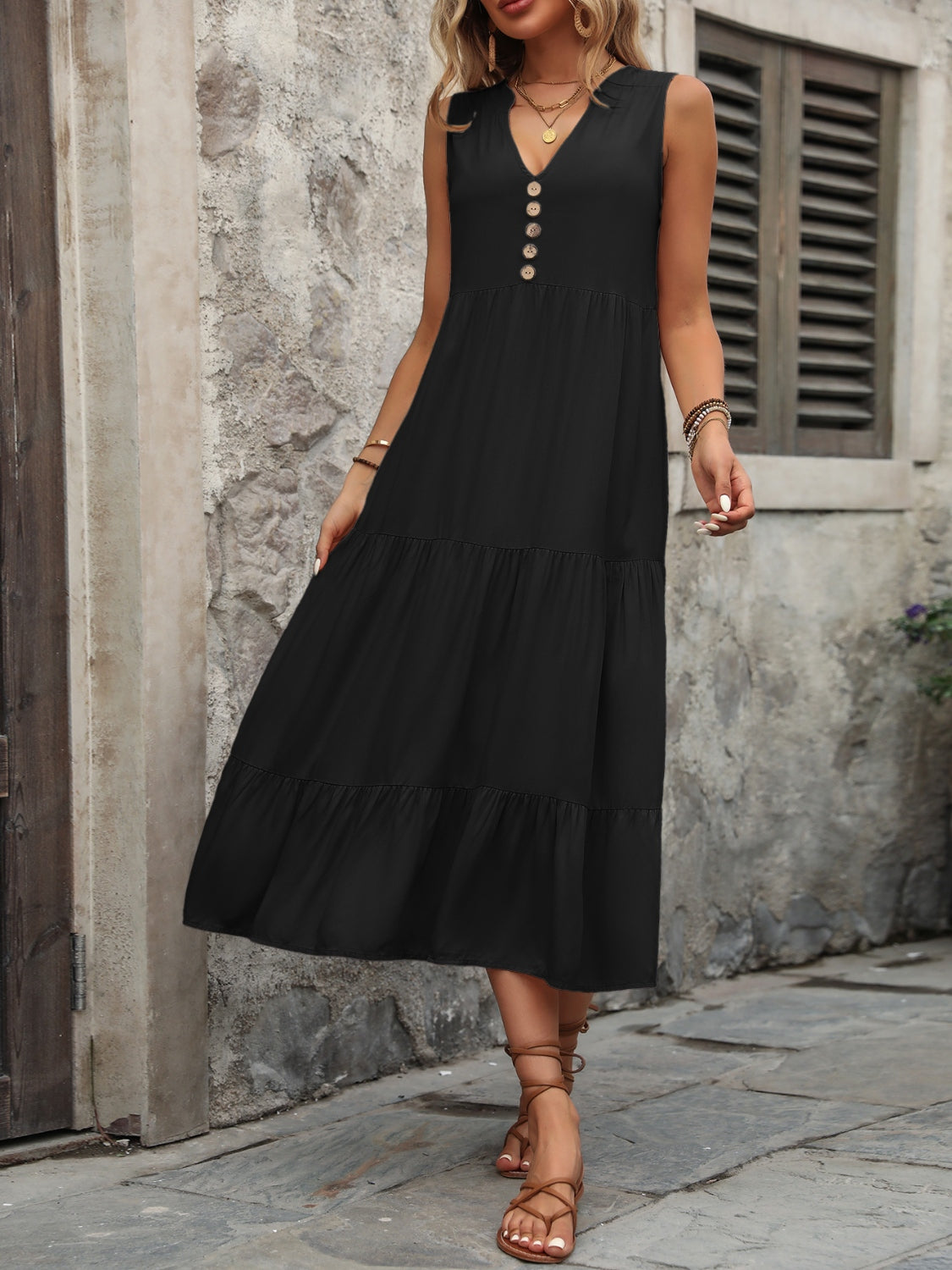 Blue Zone Planet | Decorative Button Notched Sleeveless Dress BLUE ZONE PLANET