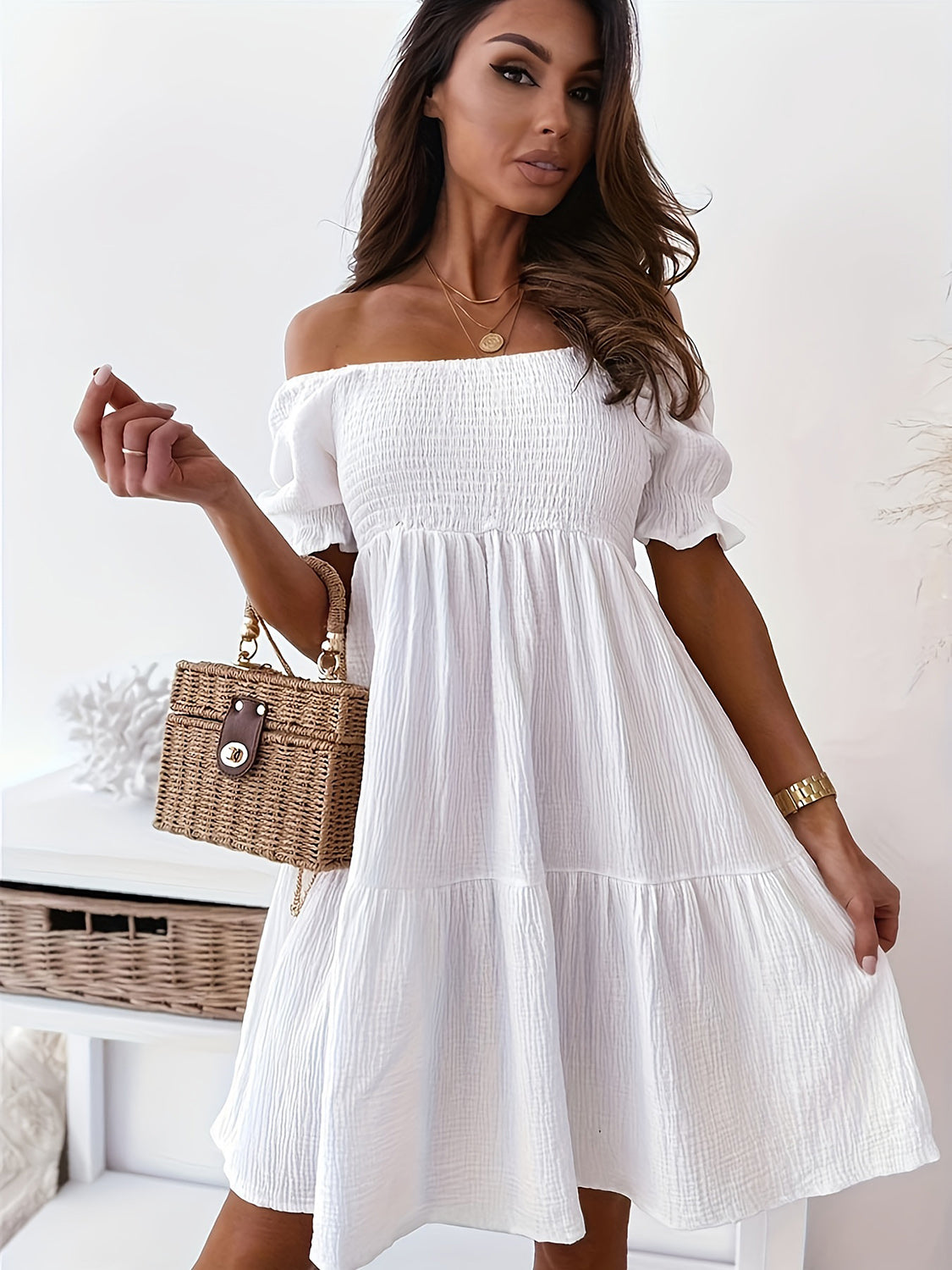 Blue Zone Planet | Full Size Ruffled Off-Shoulder Short Sleeve Dress BLUE ZONE PLANET