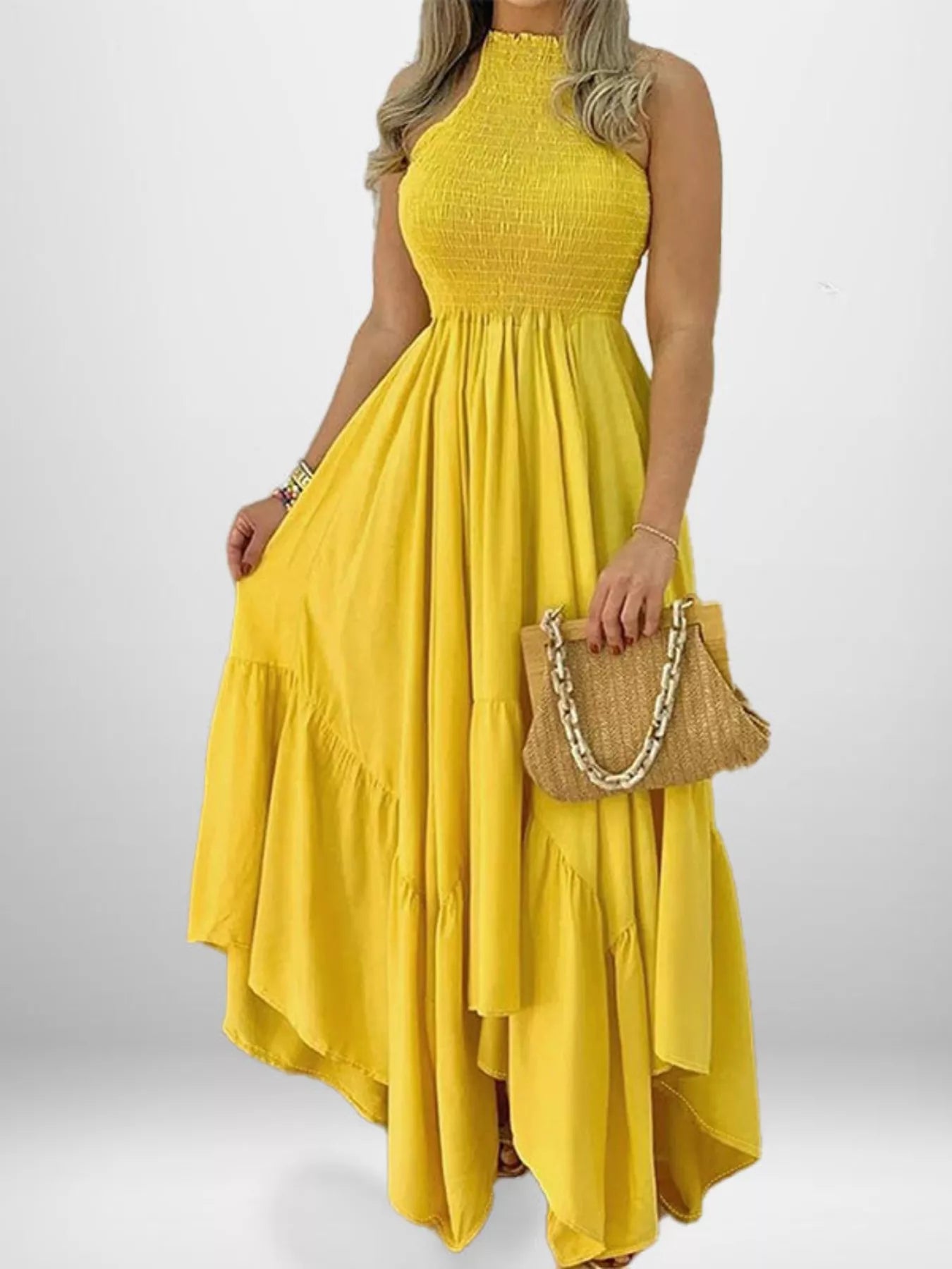 Full Size Smocked Sleeveless Ruffle Hem Maxi Dress Plus Size - Blue Yellow / S by Blue Zone Planet