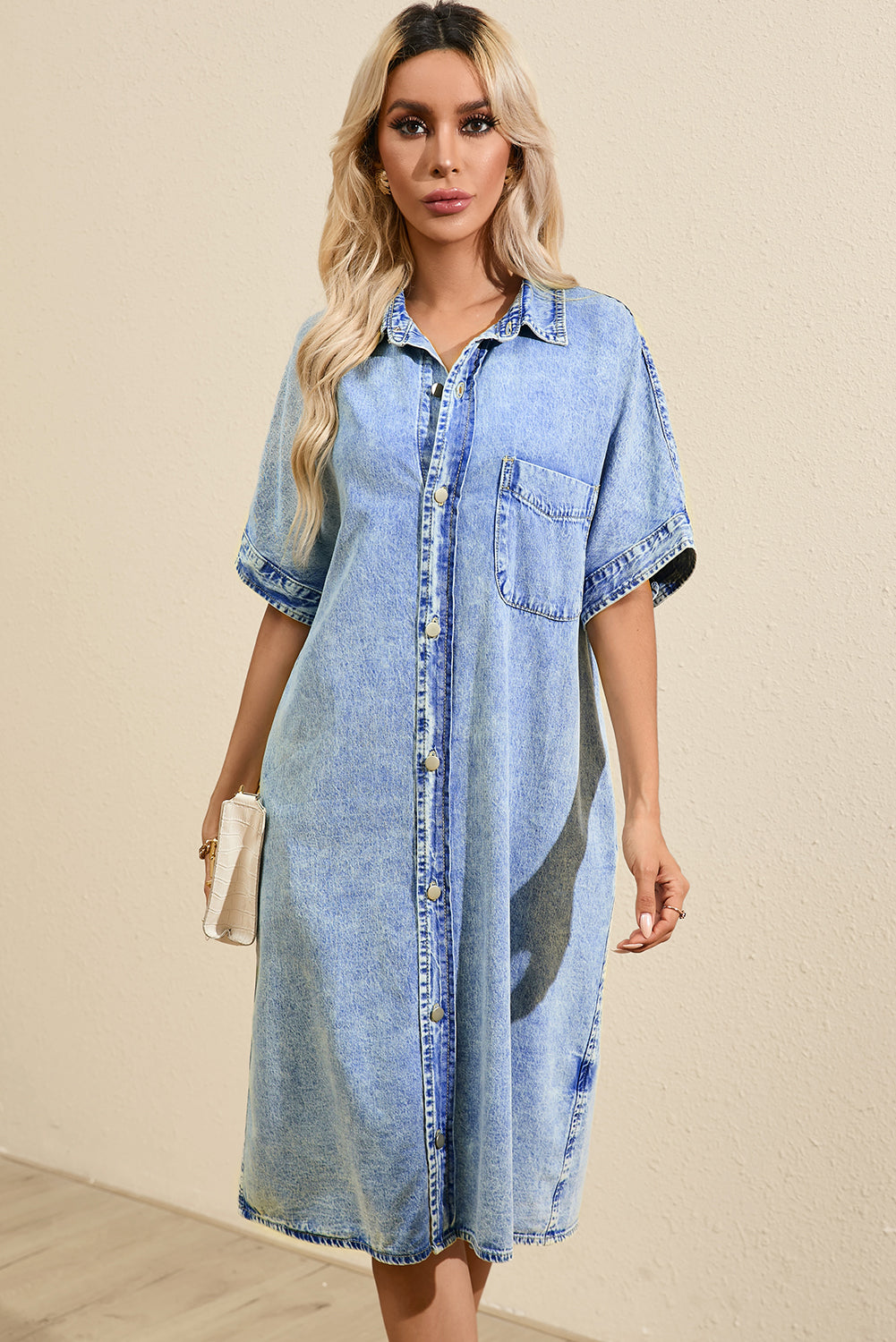 Light Blue Loose Medium Wash Short Sleeve Shirt Chambray Dress Blue Zone Planet