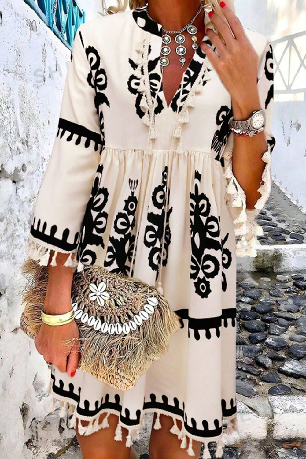 Beige Western Pattern Print Tasseled Notch V Neck Mini Dress - Sunny Angela Beige / S Beige Western Pattern Print Tasseled Notch V Neck Mini Dress - Sunny Angela Beige / S