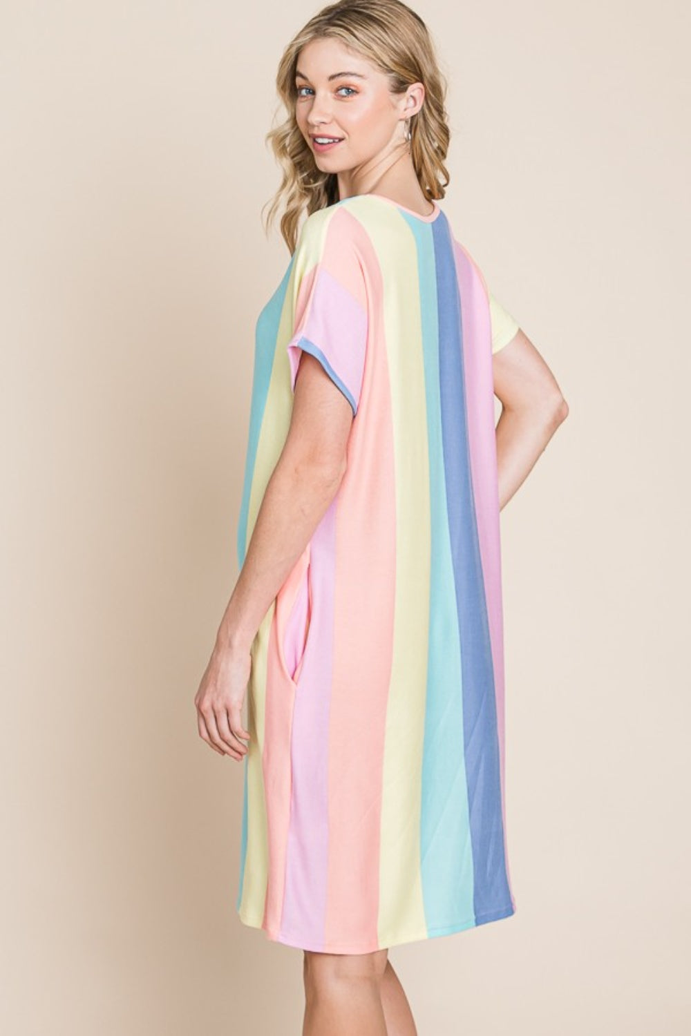 Blue Zone Planet | BOMBOM Striped Short Sleeve Dress with Pockets BLUE ZONE PLANET