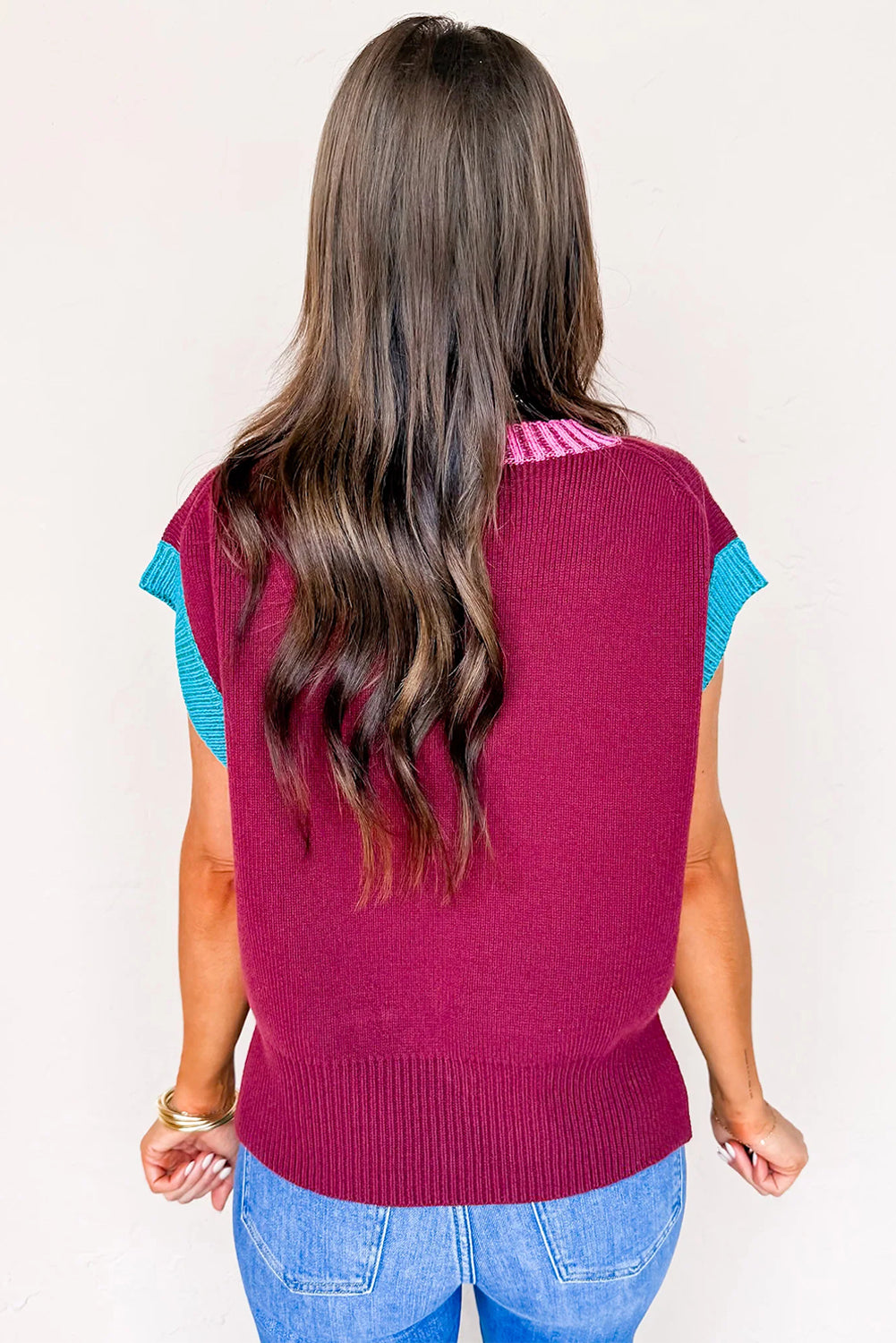 Burgundy Contrast Trim V Neck Cuffed Short Sleeve Loose Sweater