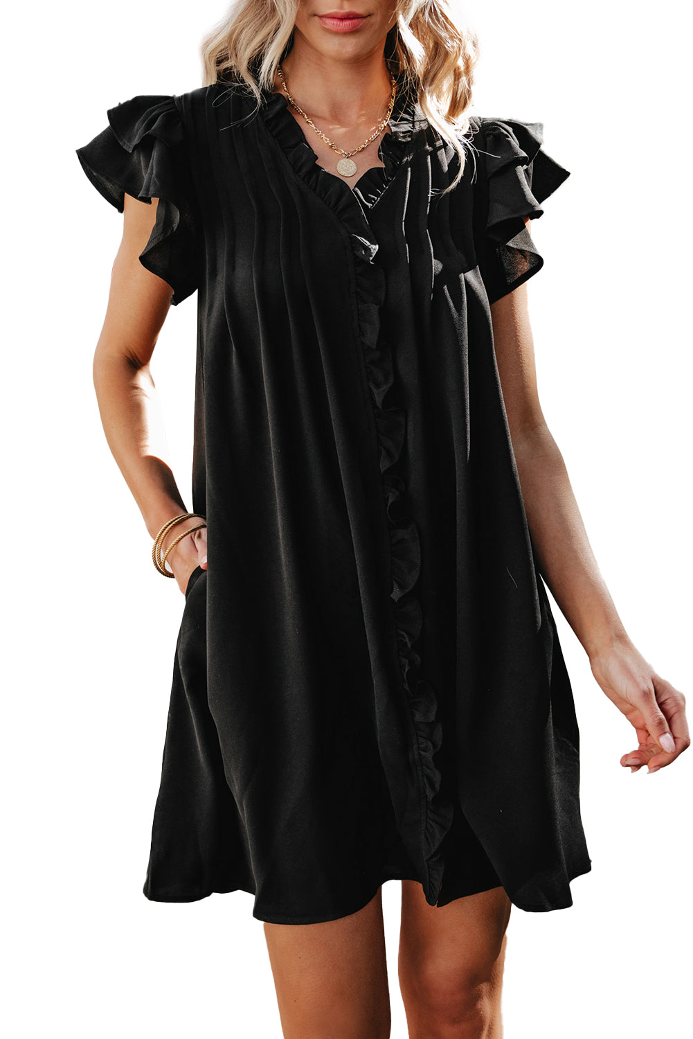 Blue Zone Planet | Black Ruffle Sleeve V Neck Frilled Shift Dress Blue Zone Planet