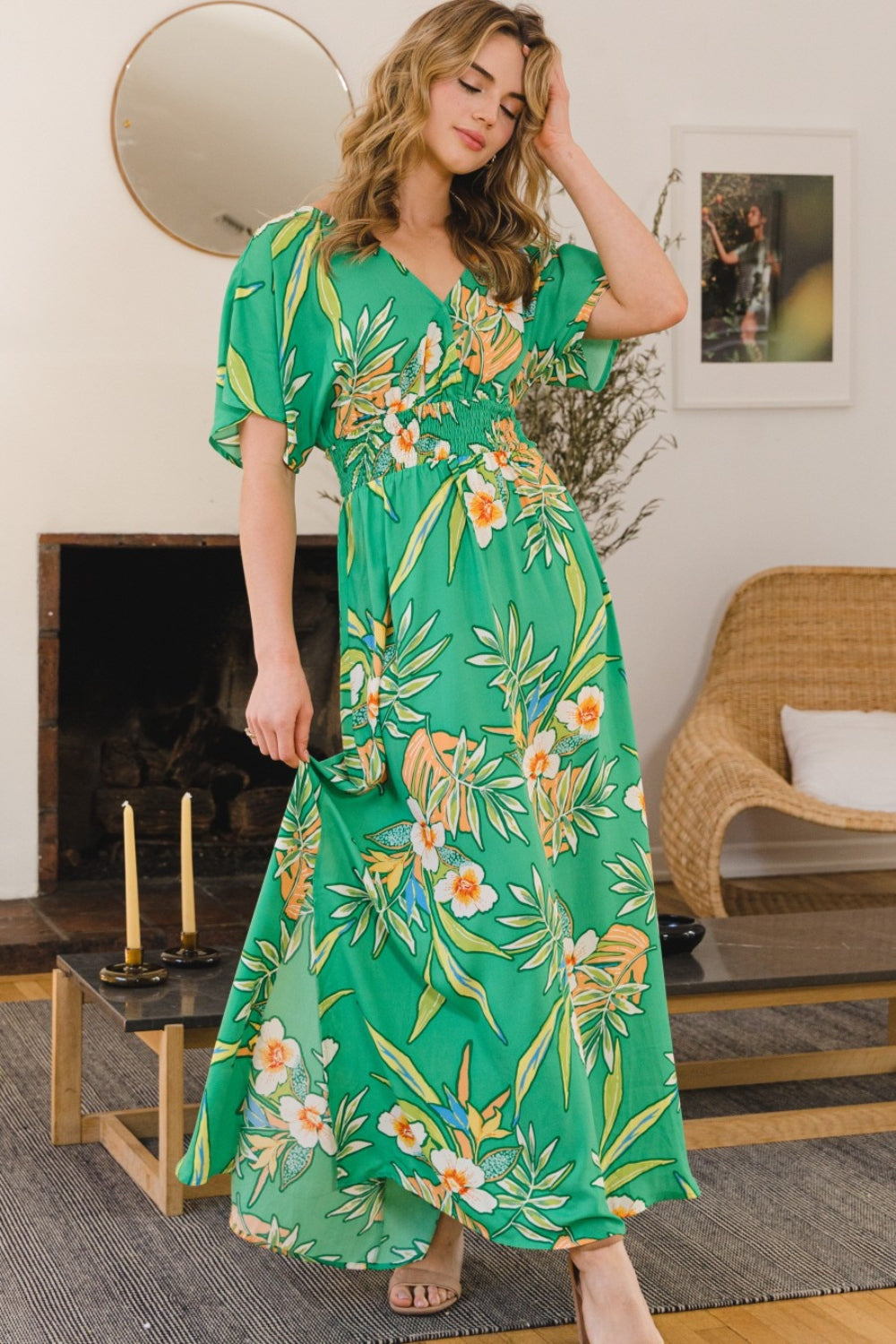 Blue Zone Planet | ODDI Full Size Floral Smocked Tied Back Maxi Dress BLUE ZONE PLANET