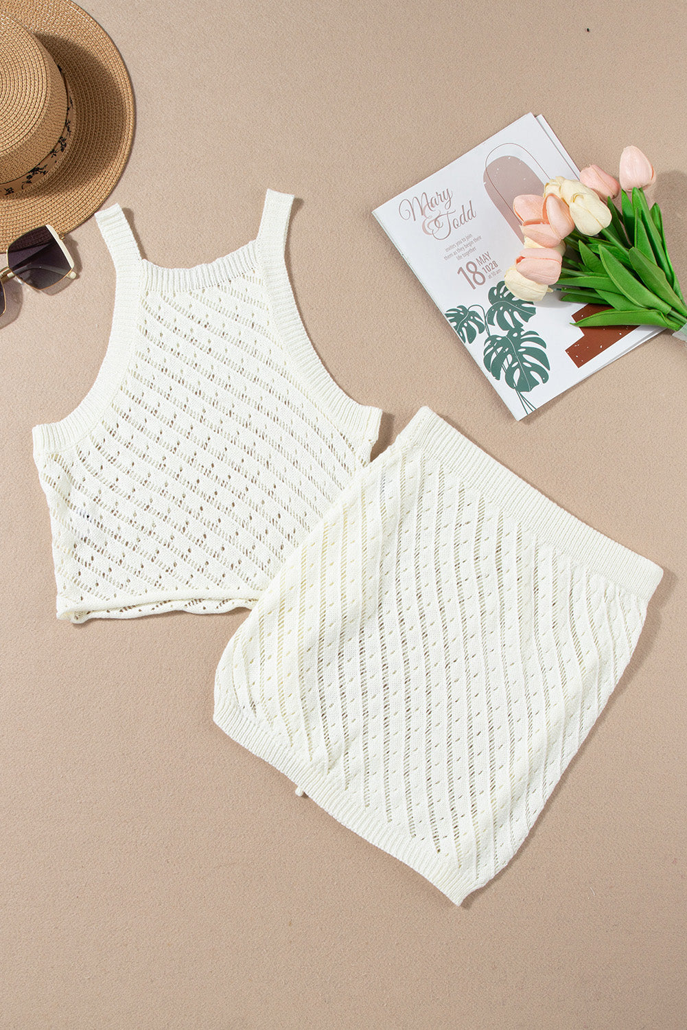 Blue Zone Planet | White Hollowed Crochet Cropped 2 Piece Beach Dress Blue Zone Planet