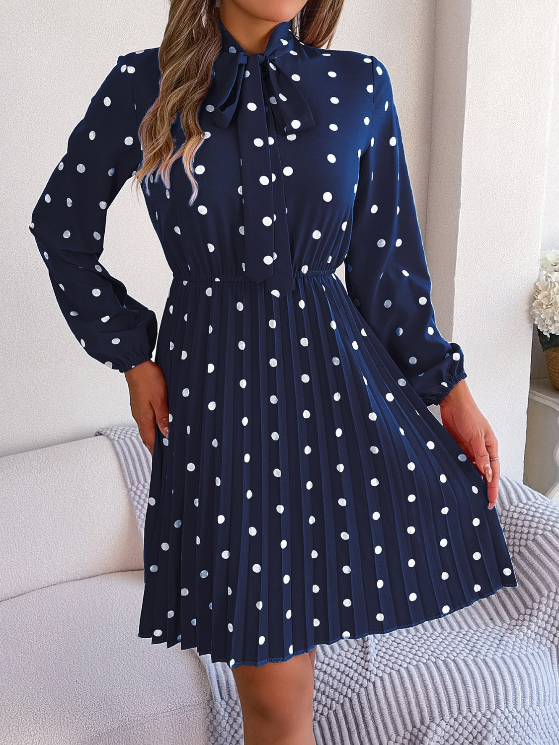 Polka Dot Tie Neck Pleated Dress BLUE ZONE PLANET