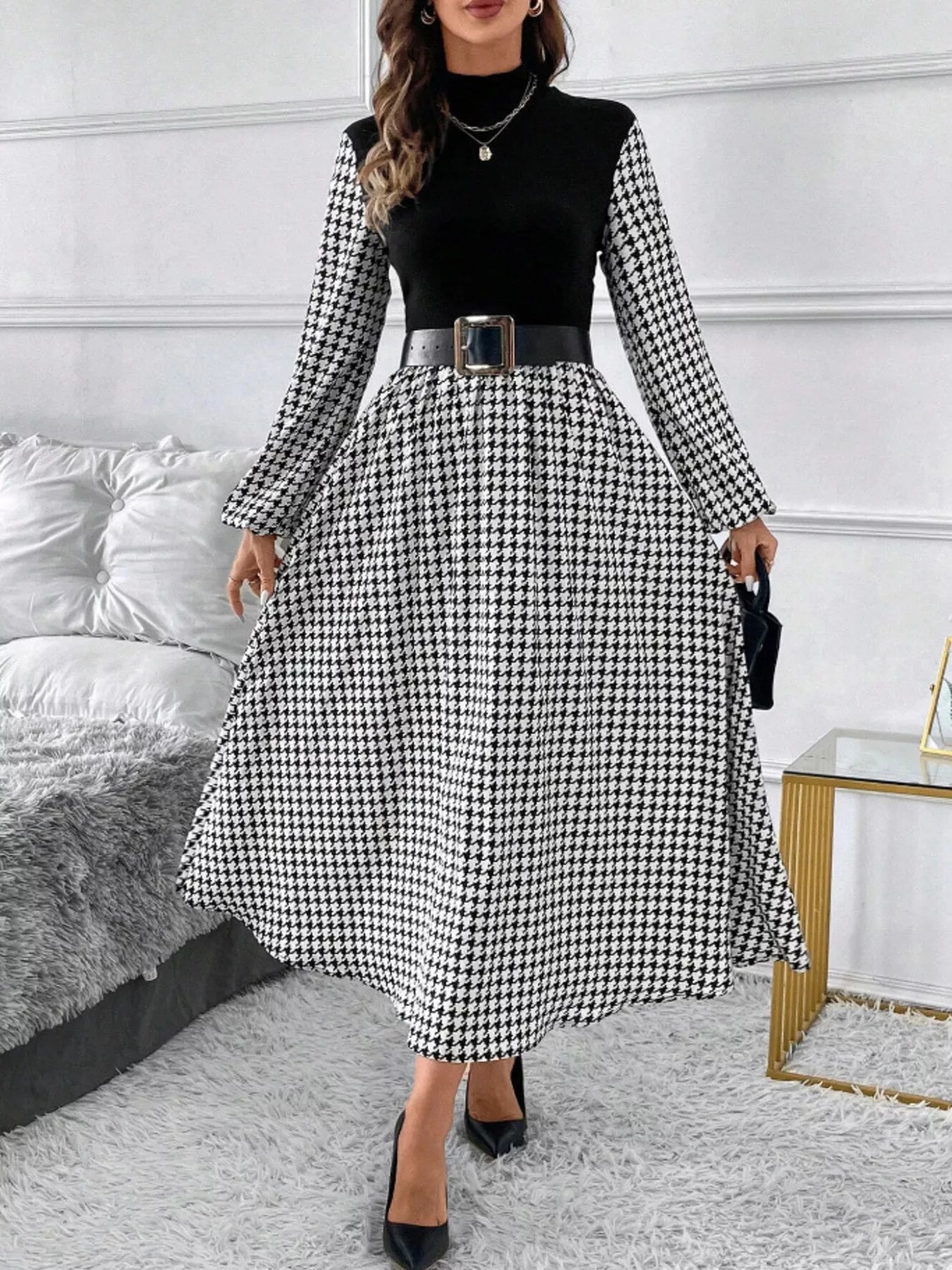 Houndstooth Mock Neck A-Line Dress Black / XL by Blue Zone Planet