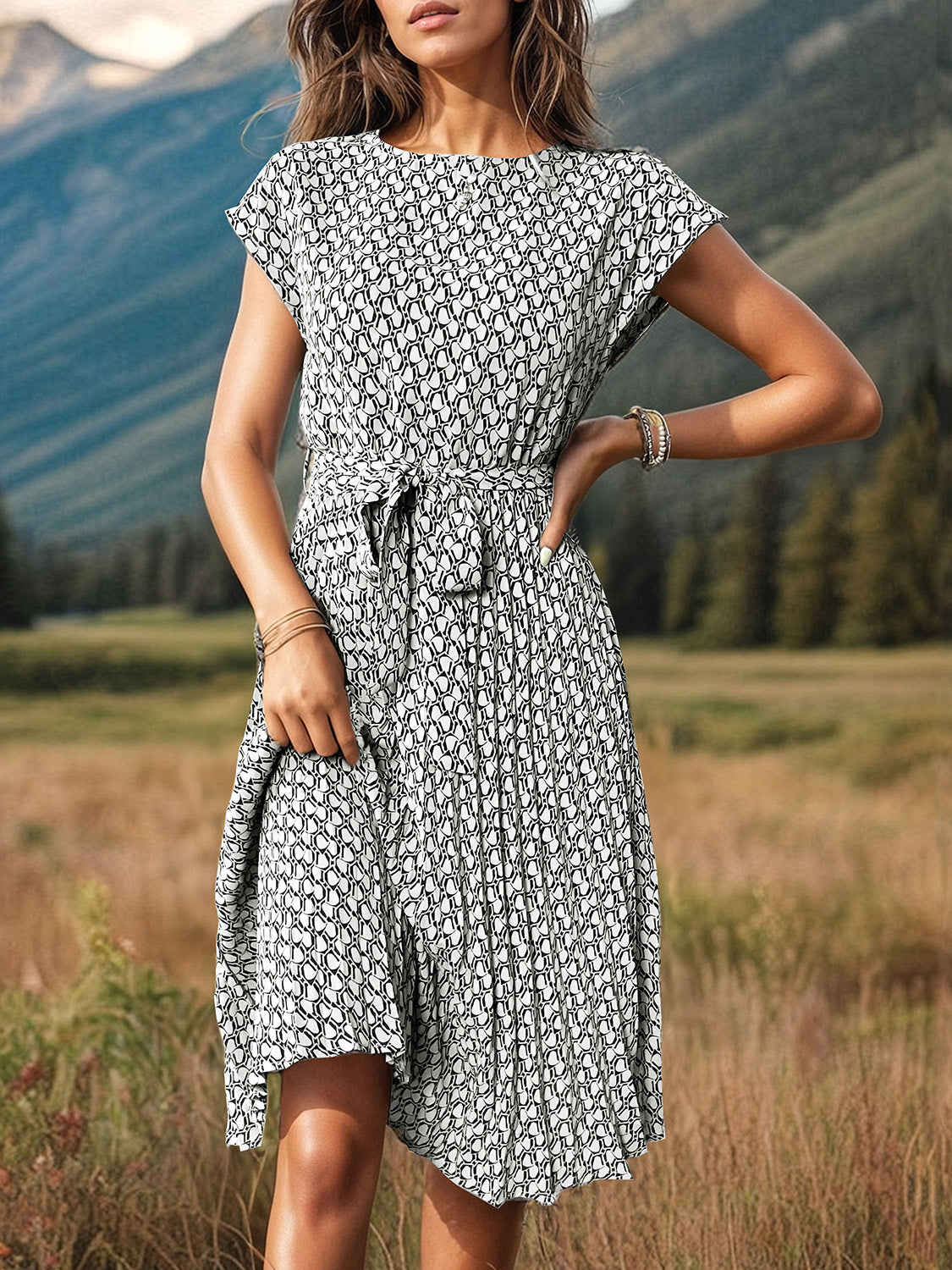 Blue Zone Planet | Printed Cap Sleeve Tie Waist Dress BLUE ZONE PLANET