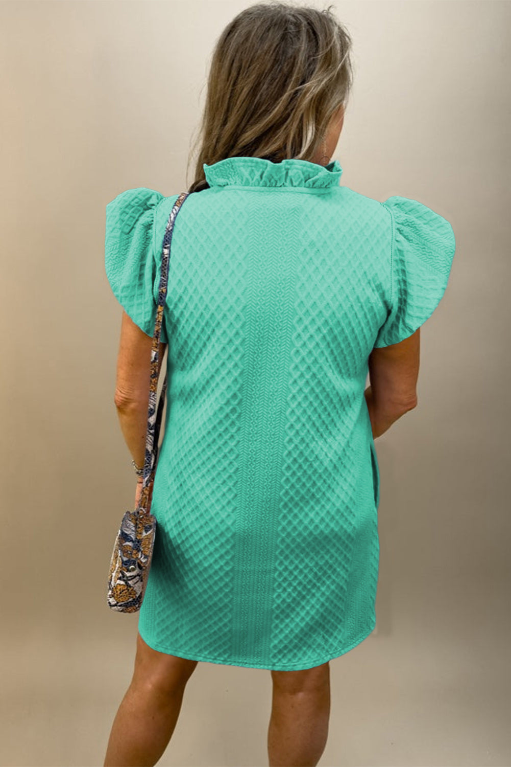 Blue Zone Planet | Light Blue Textured Puff Sleeve Ruffled V Neck Shift Mini Dress Blue Zone Planet