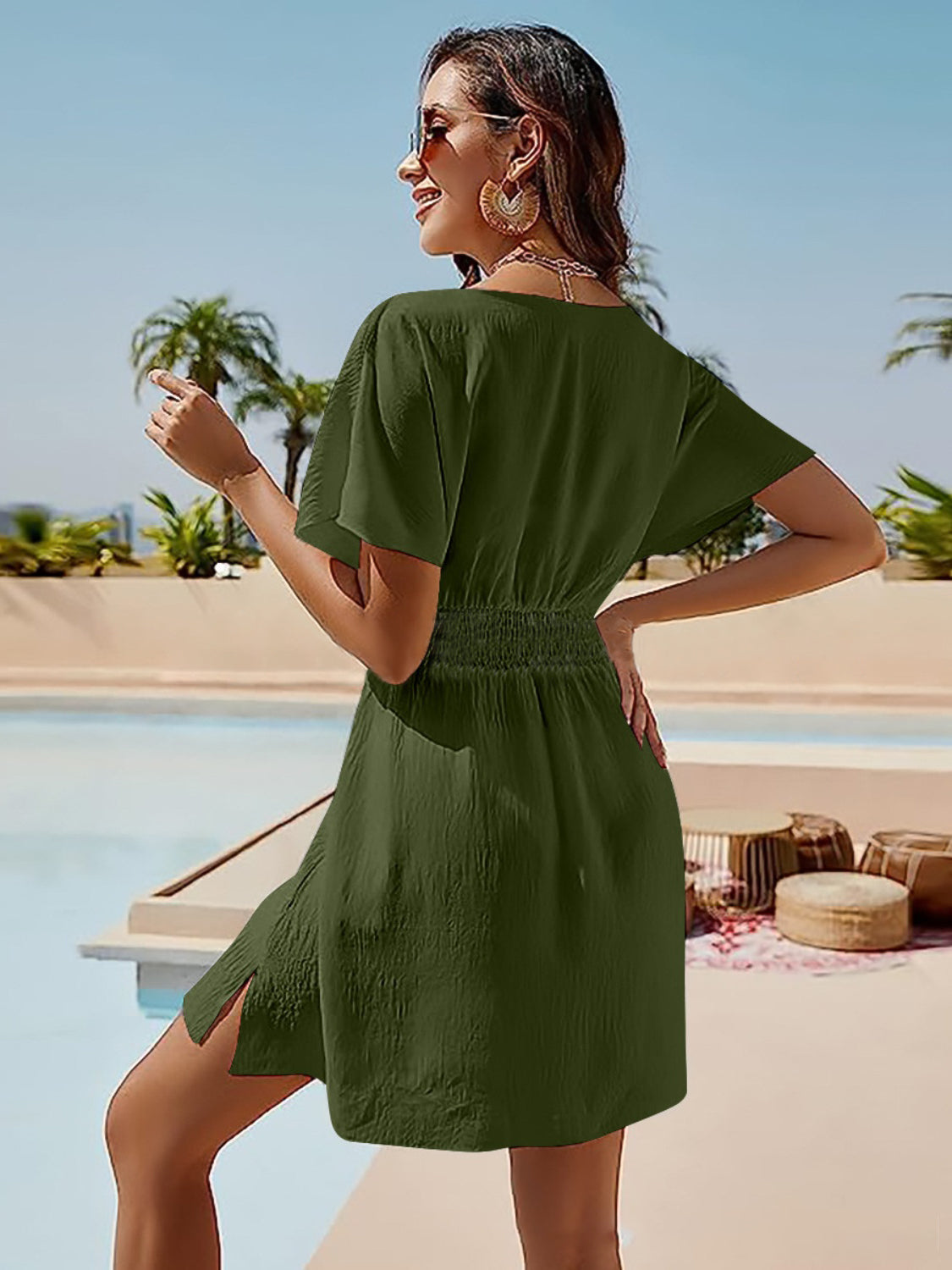 Blue Zone Planet | Ava Elegance's Smocked V-Neck Short Sleeve Mini Dress BLUE ZONE PLANET