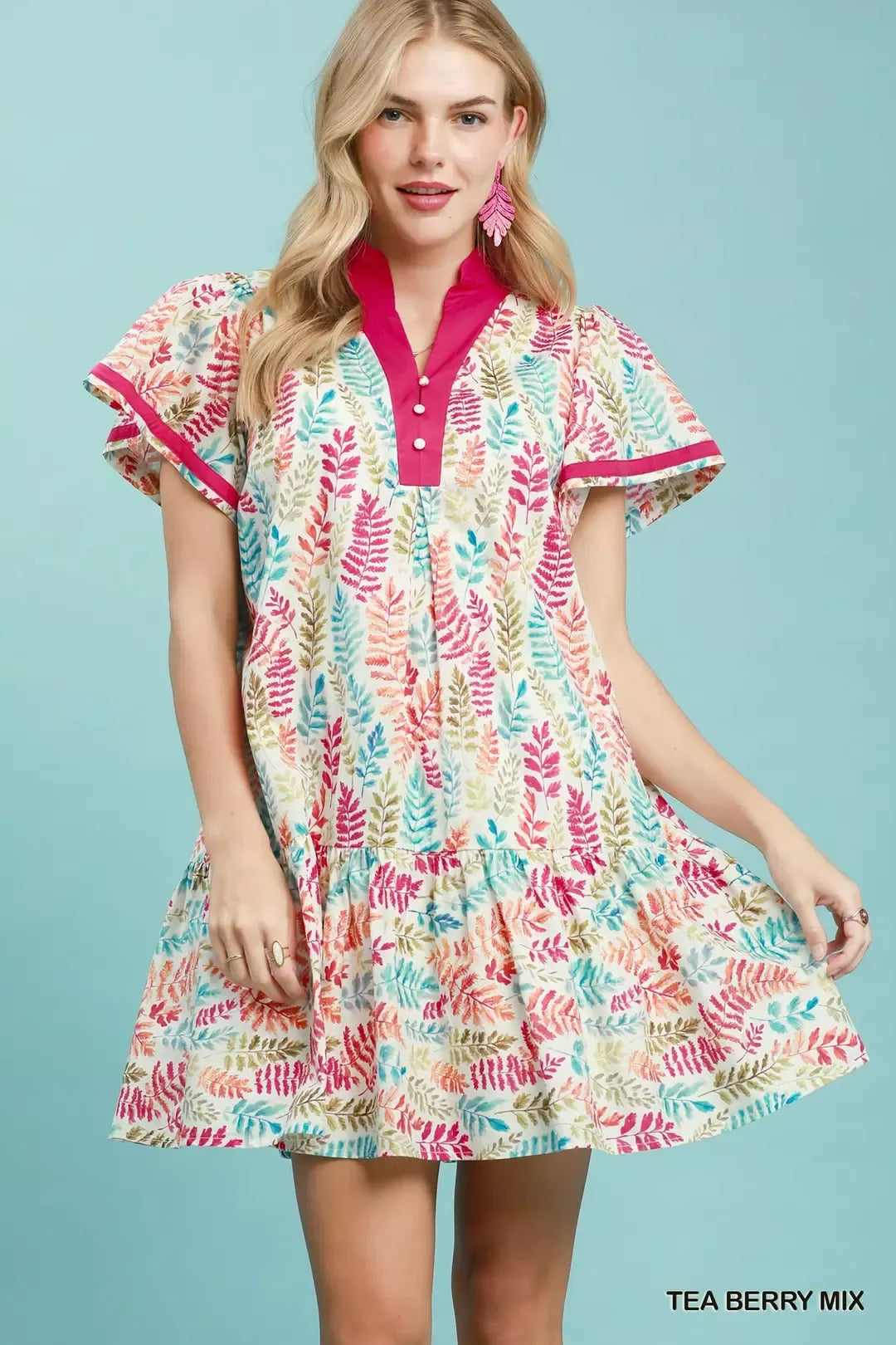 flutter sleeve tiered mini dress Umgee Scallop Flutter Sleeve Tiered Mini Dress ICE BLUE / S