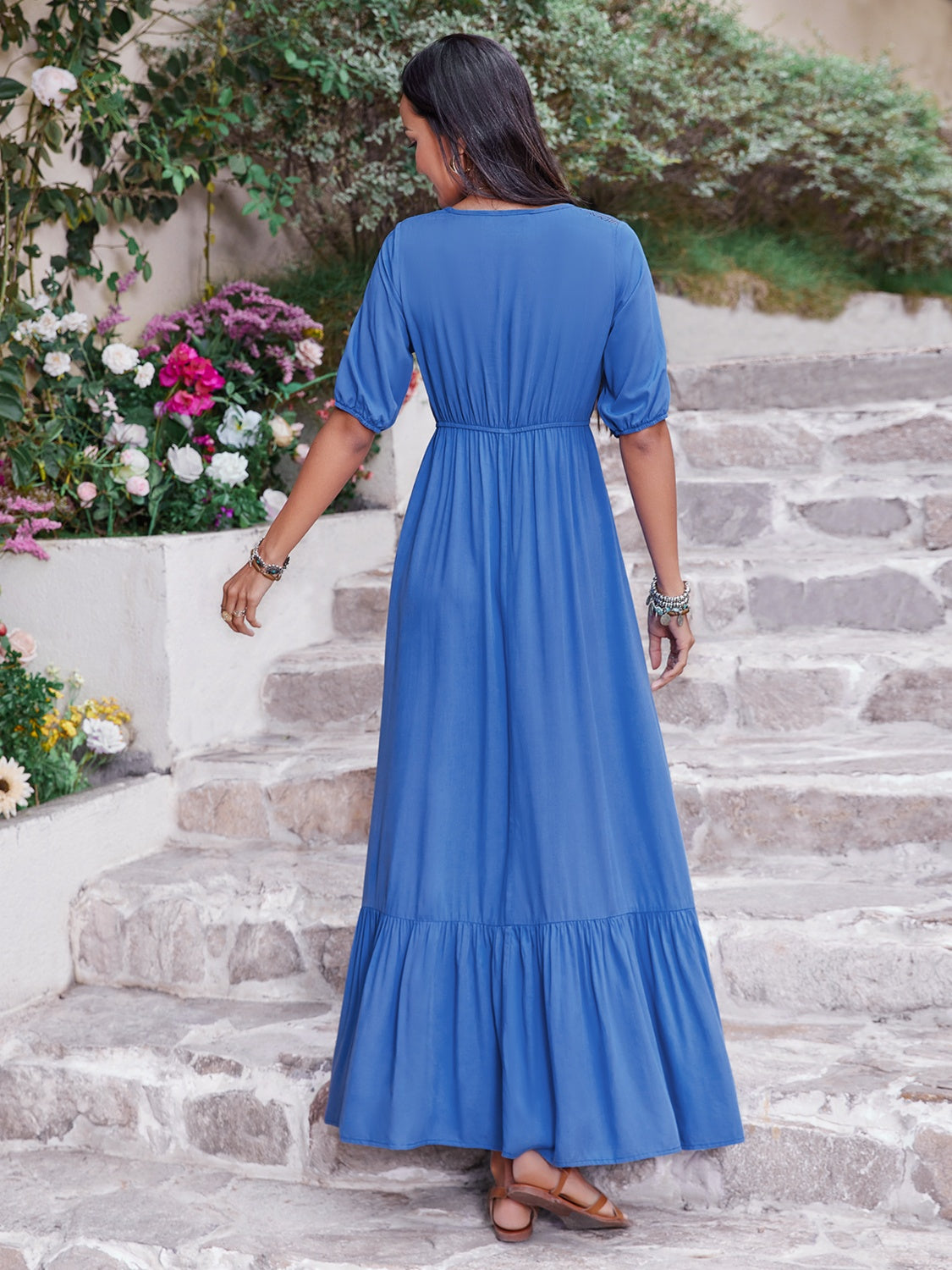 Blue Zone Planet |  V-Neck Short Sleeve Ruffle Hem Dress BLUE ZONE PLANET
