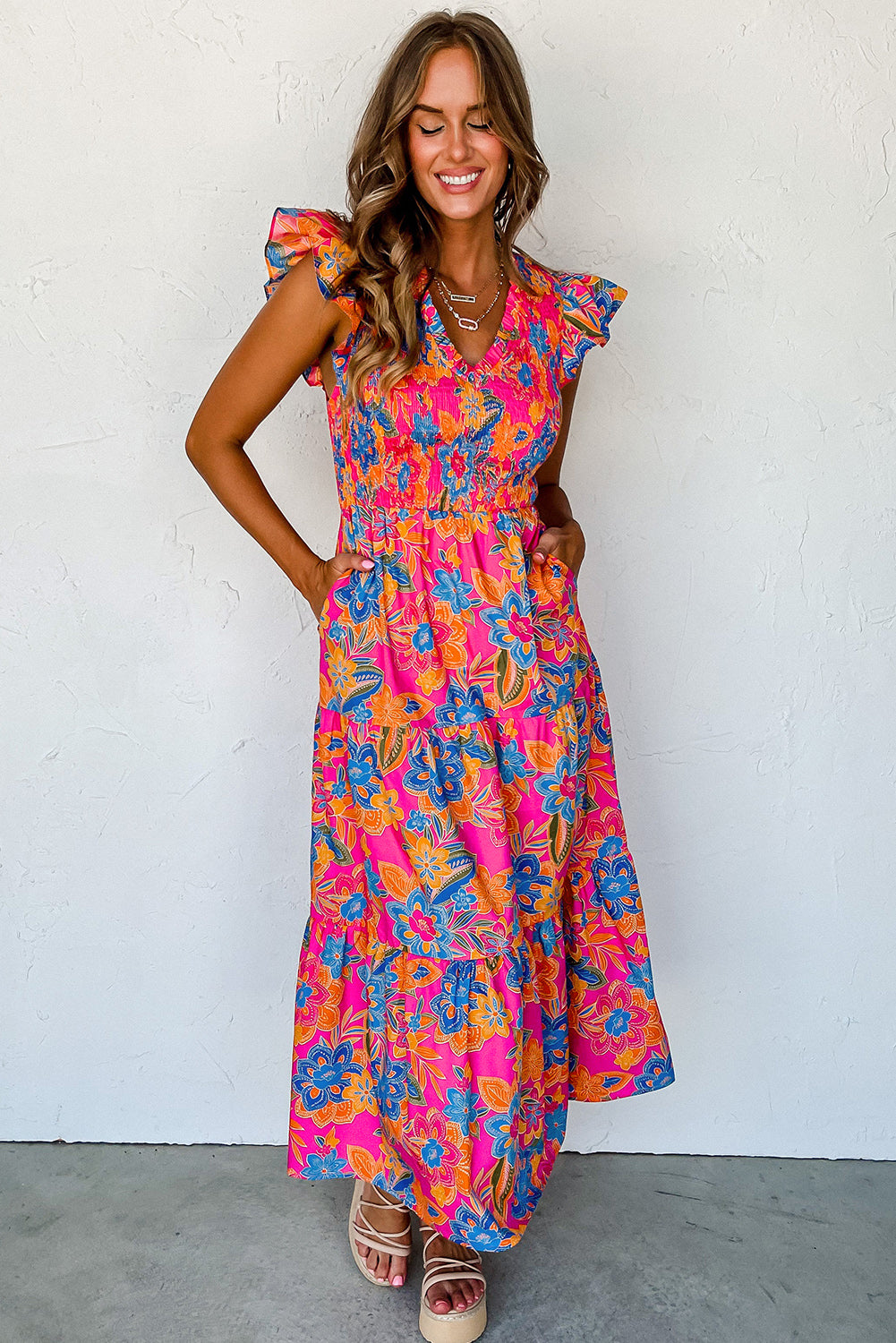 Blue Zone Planet | Dark Blue Boho Floral V Neck Ruffle Tiered Long Dress Blue Zone Planet