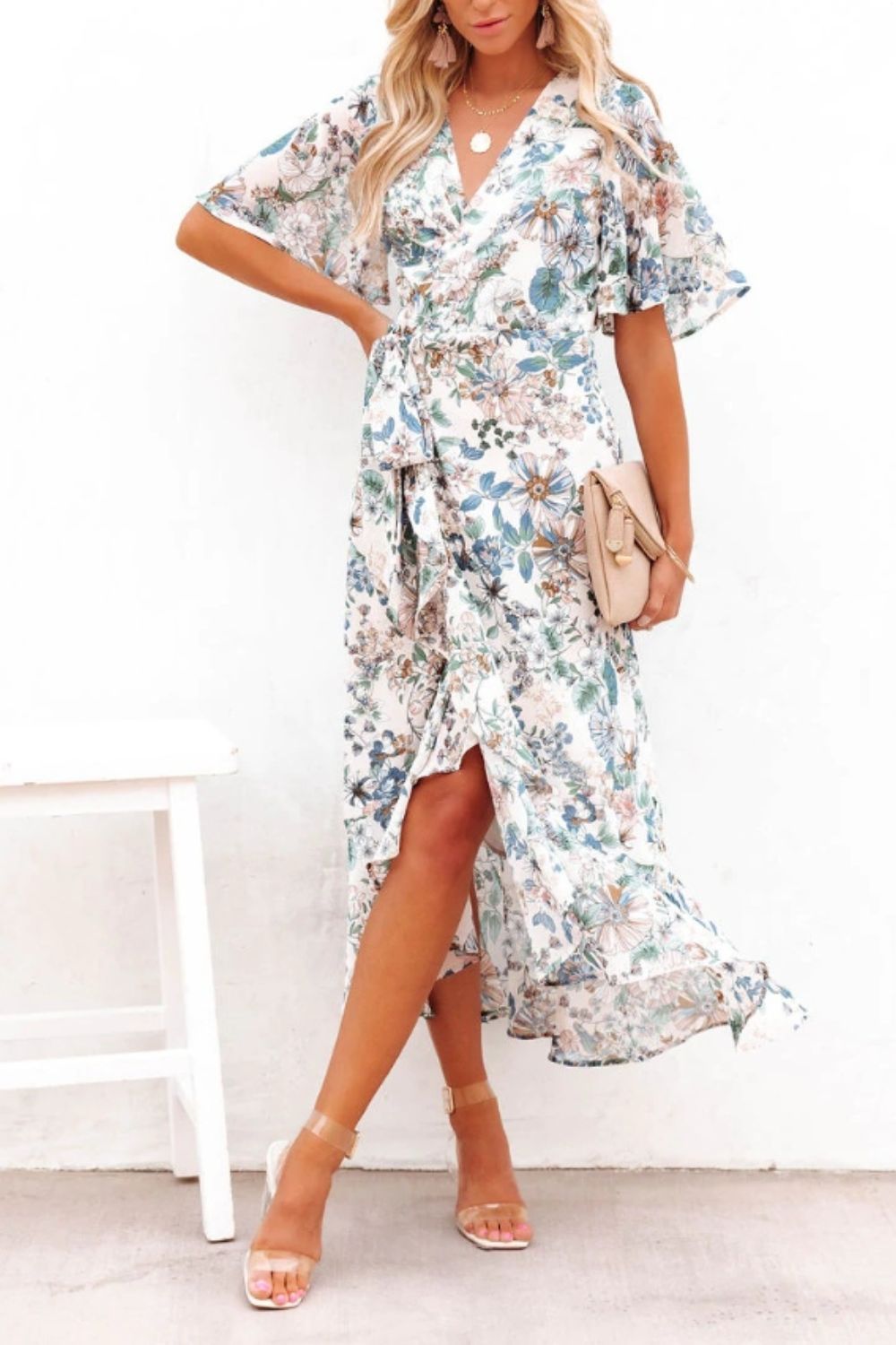 Blue Zone Planet | High-Low Printed Surplice Flutter Sleeve Midi Dress BLUE ZONE PLANET