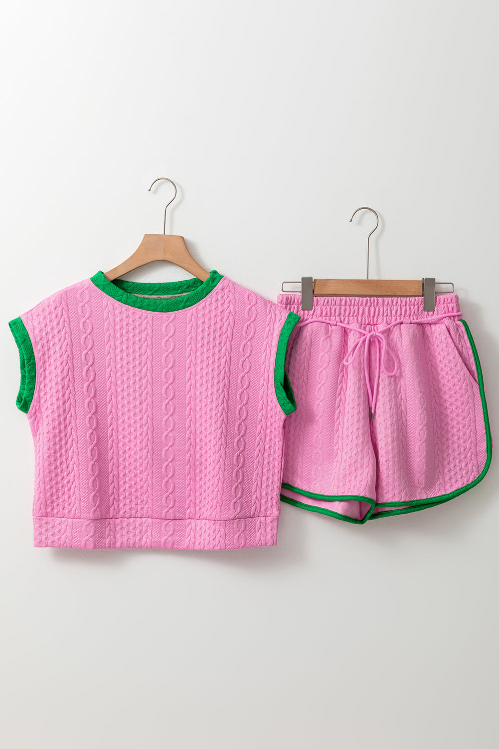Blue Zone Planet | Green Contrast Trim Cable Textured Shorts Set Blue Zone Planet