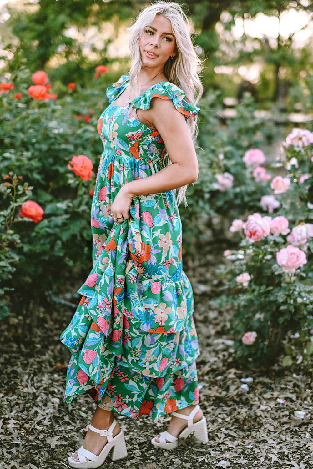 Blue Zone Planet | Green Floral Print Sleeveless Ruffle Tiered Maxi Dress Blue Zone Planet