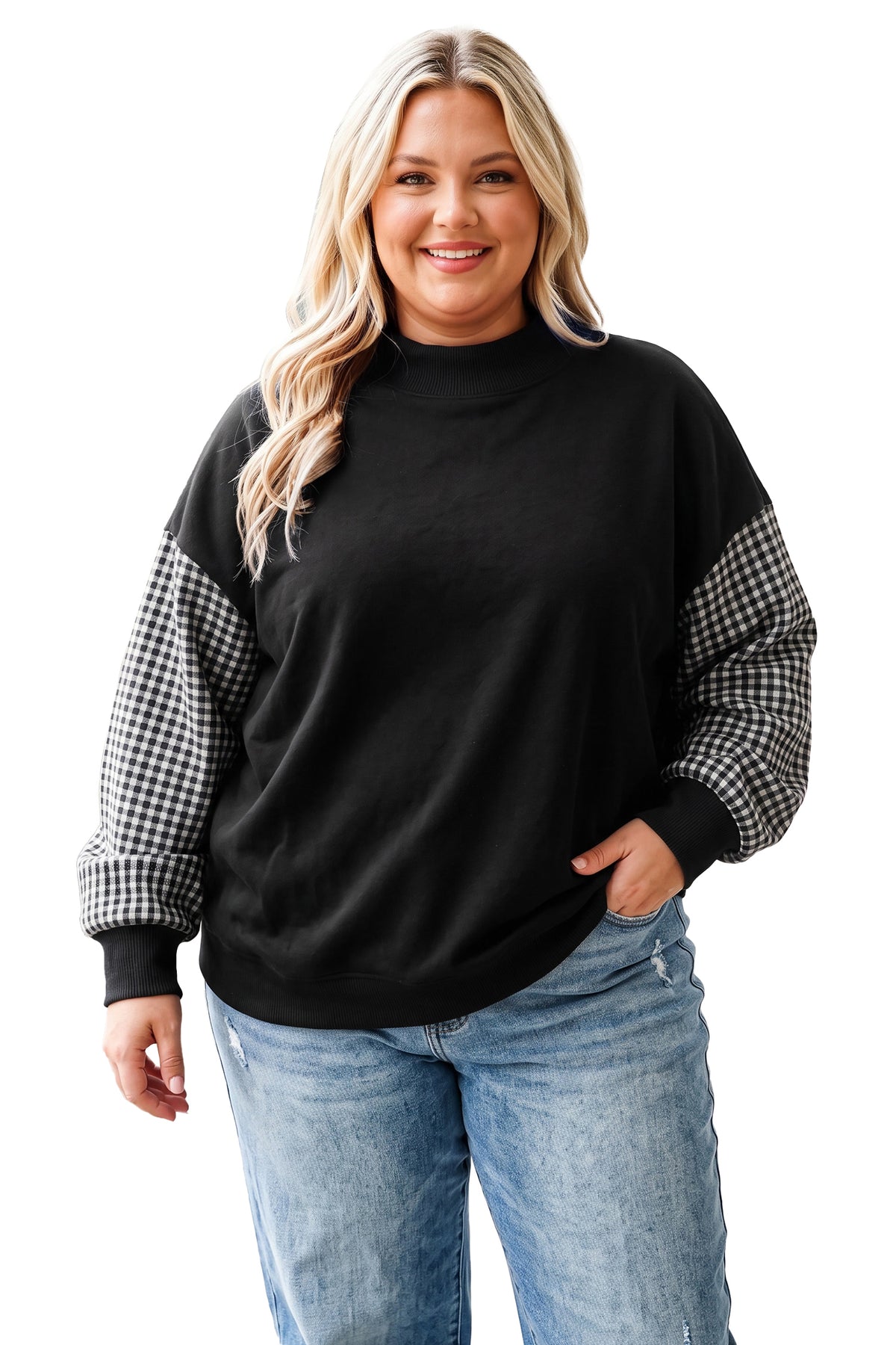 Black Patchwork Plaid Loose Fit Long Sleeve Plus Size Sweatshirt
