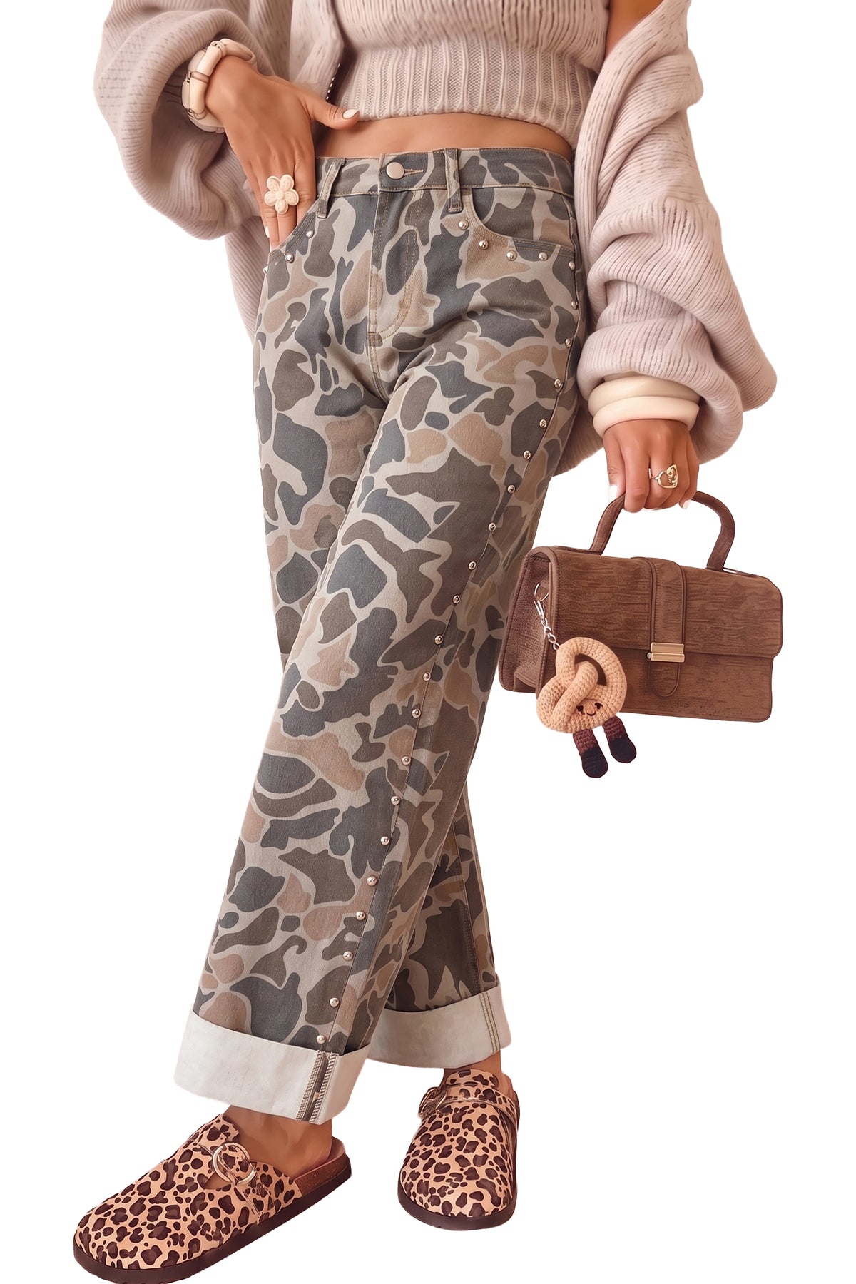Multicolour Camouflage Studded Straight Loose Jeans