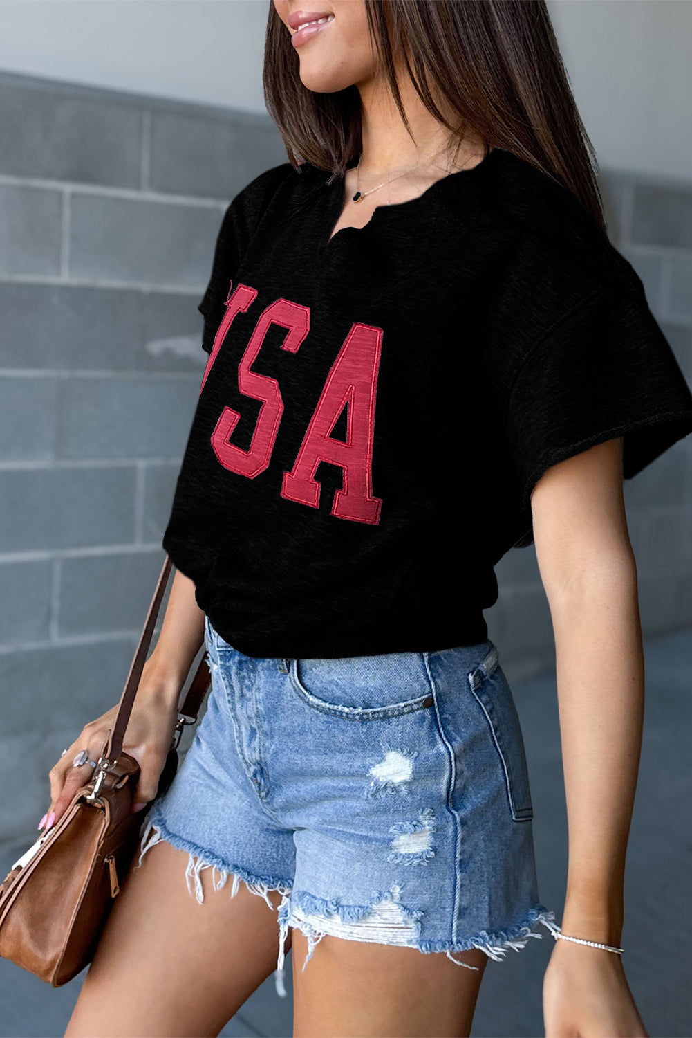 Blue Zone Planet | Black USA Lettering Patch Notched Neck Loose Tee Blue Zone Planet