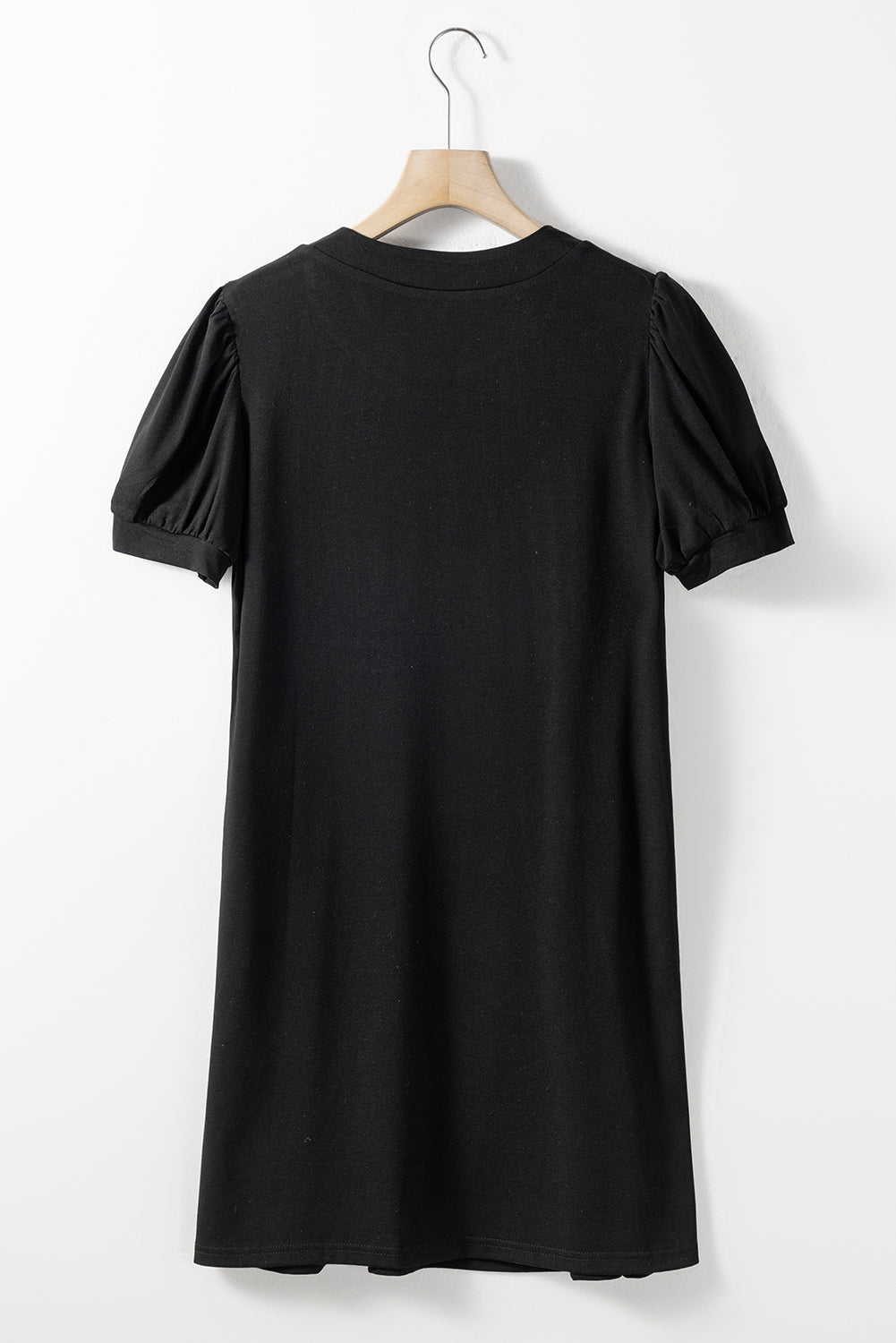 Blue Zone Planet |  Black Notched Neck Pleated Puff Sleeve Shift T-shirt Dress Blue Zone Planet