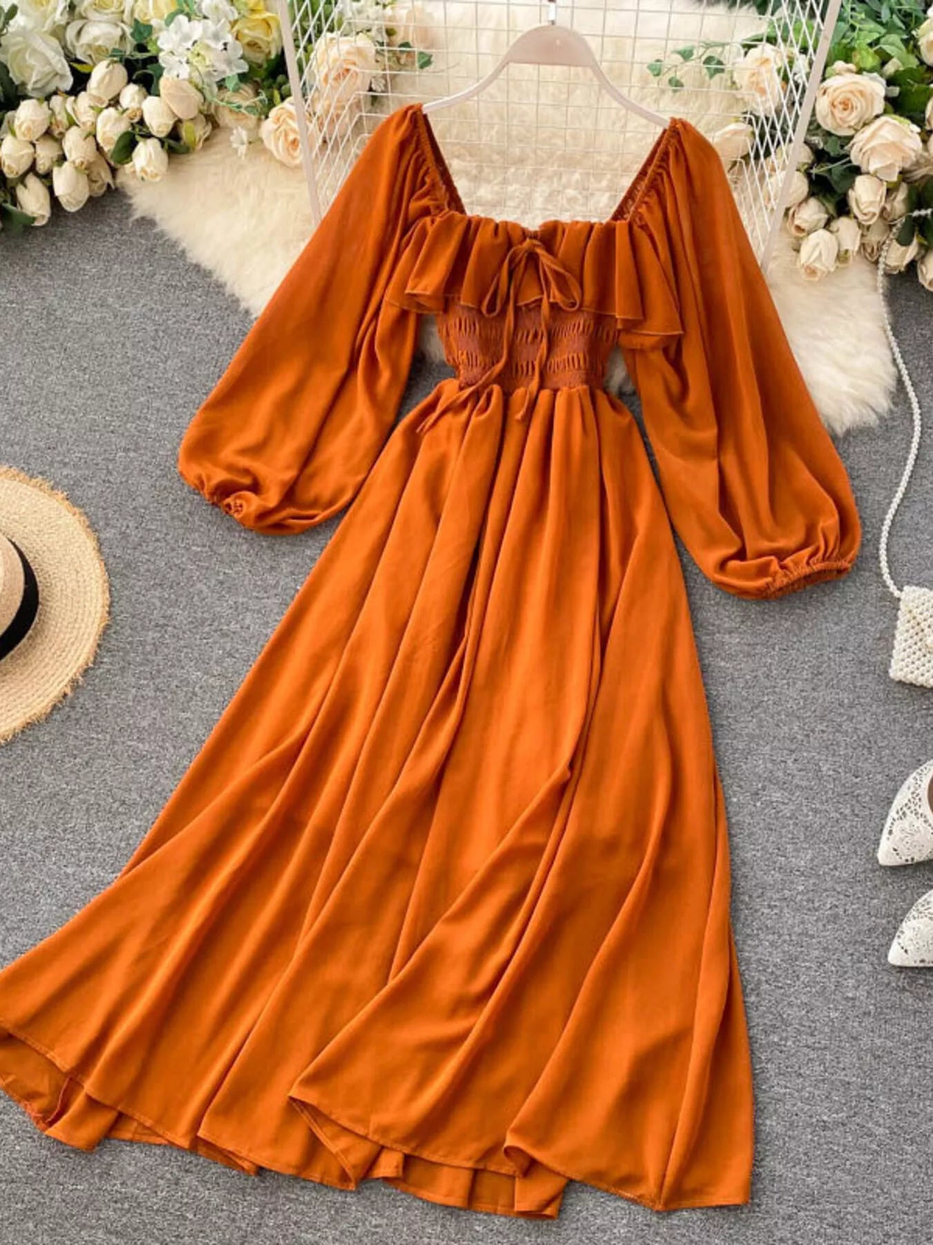 balloon sleeve a line dress Balloon Sleeve A-line Midi Dress Buttercream / S