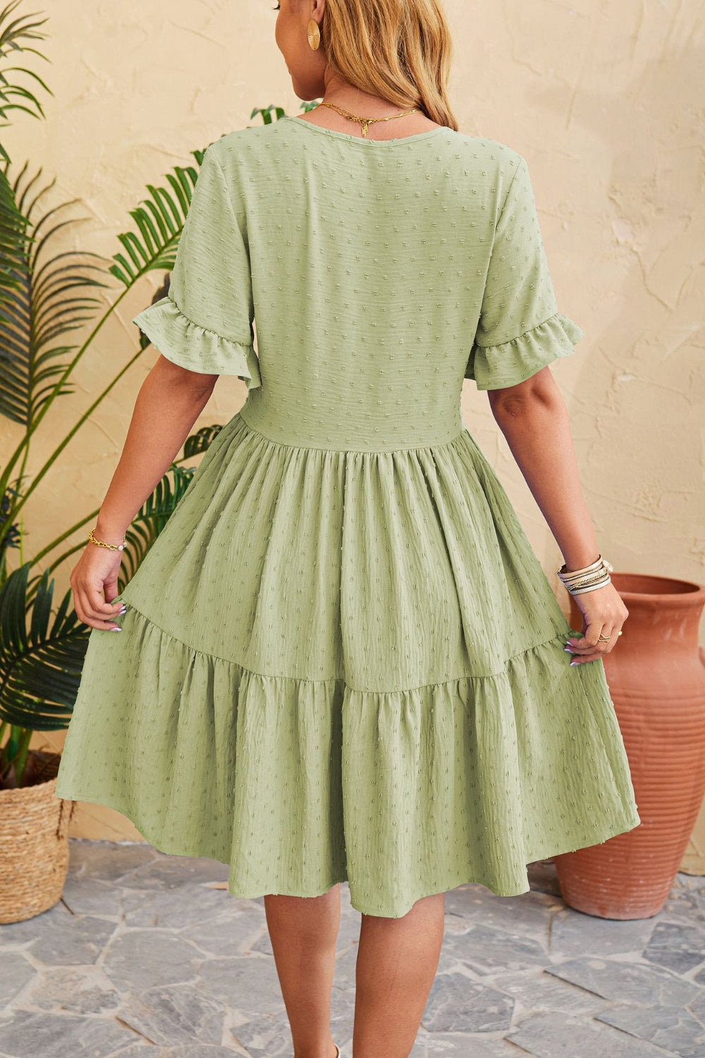 Blue Zone Planet | Swiss Dot Ruffled V-Neck Tiered Dress BLUE ZONE PLANET