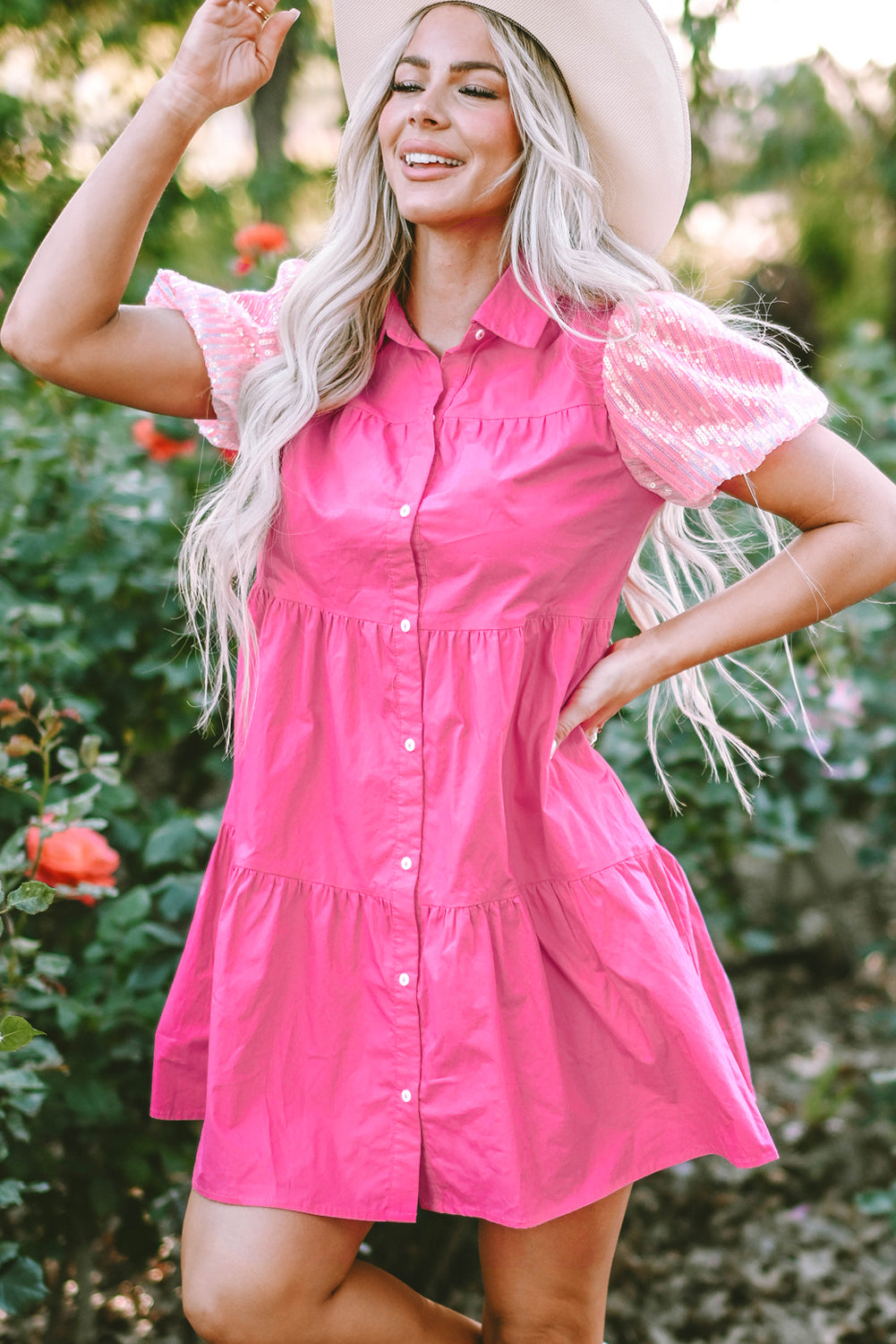 Blue Zone Planet | Bonbon Sequined Bubble Sleeve Tiered Ruffled Shirt Dress Blue Zone Planet