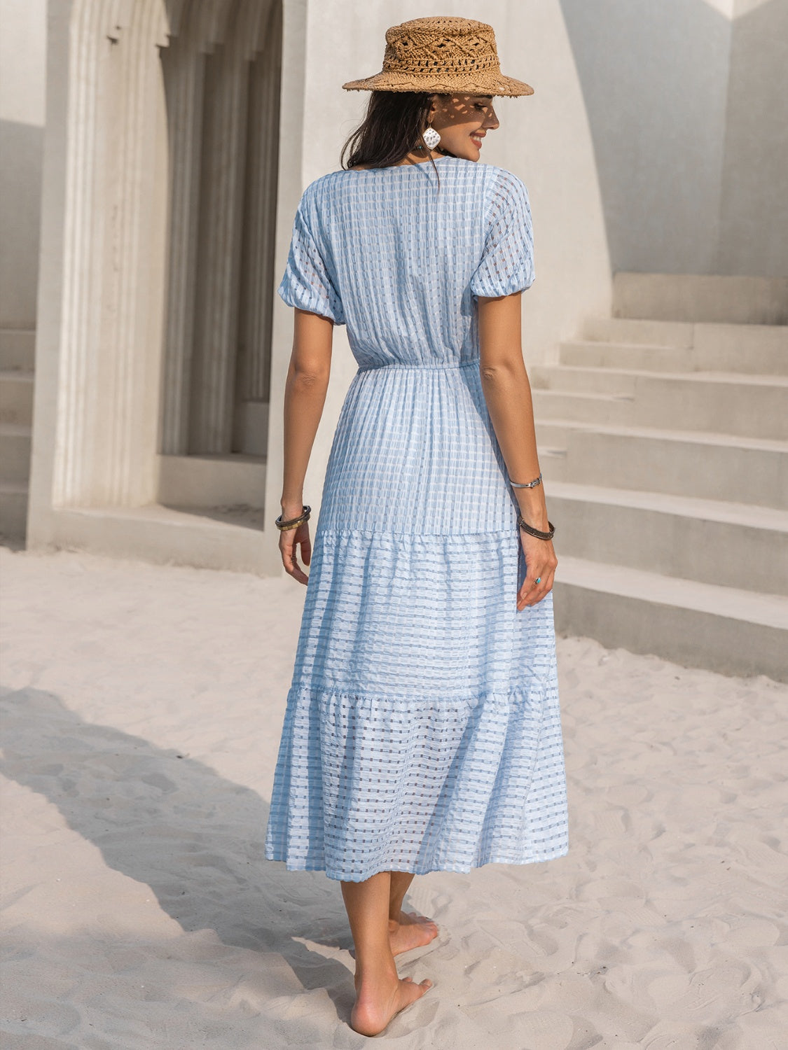 Blue Zone Planet | Tie Neck Balloon Sleeve Tiered Dress BLUE ZONE PLANET