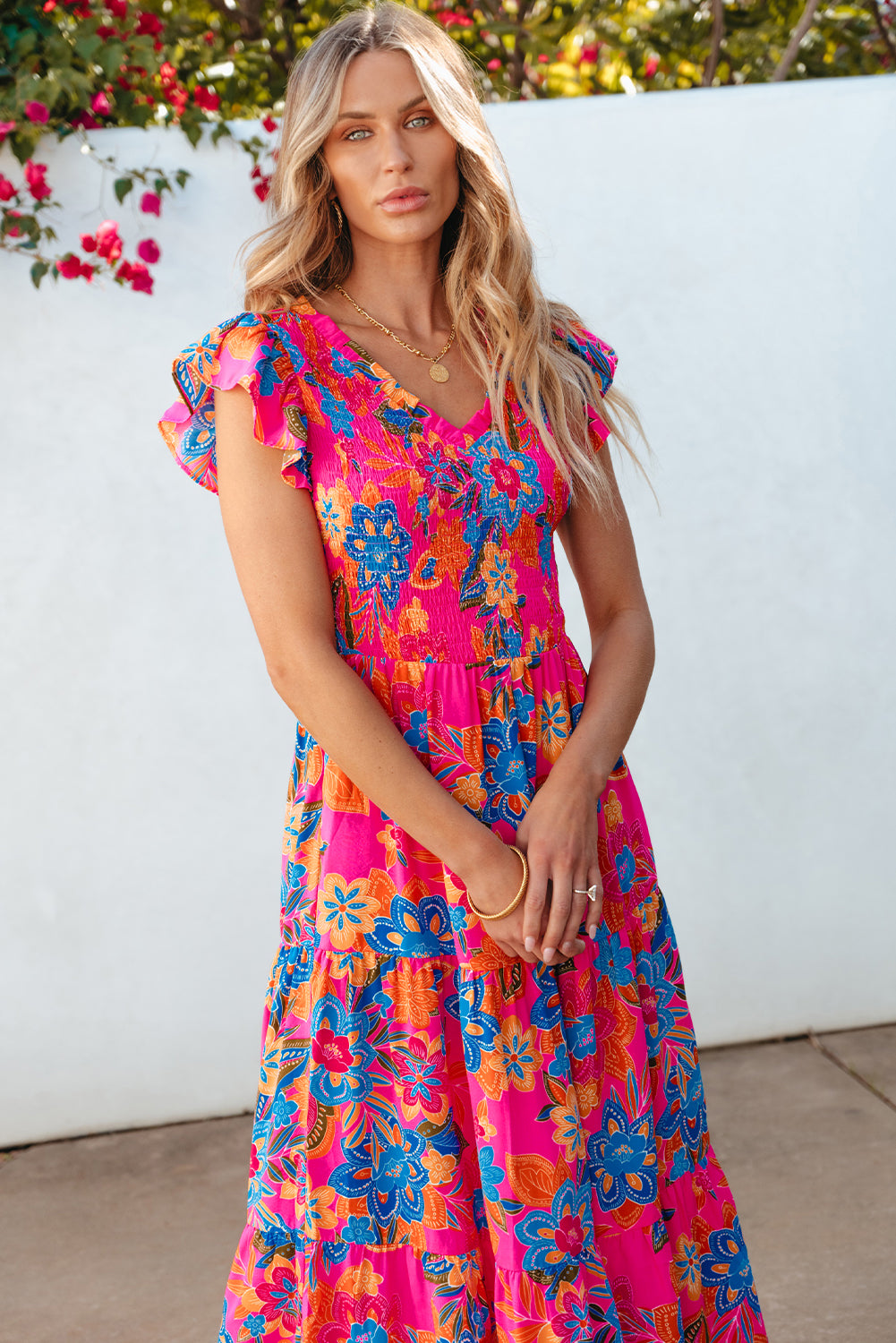 Blue Zone Planet | Dark Blue Boho Floral V Neck Ruffle Tiered Long Dress Blue Zone Planet