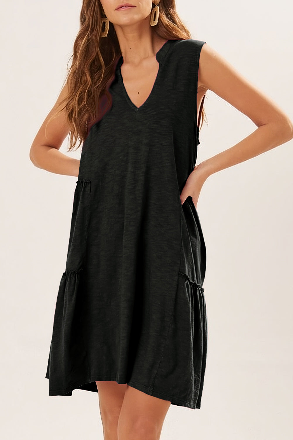 Blue Zone Planet | Moonlight Jade Split V Neck Tiered Flowy Sleeveless Dress Blue Zone Planet