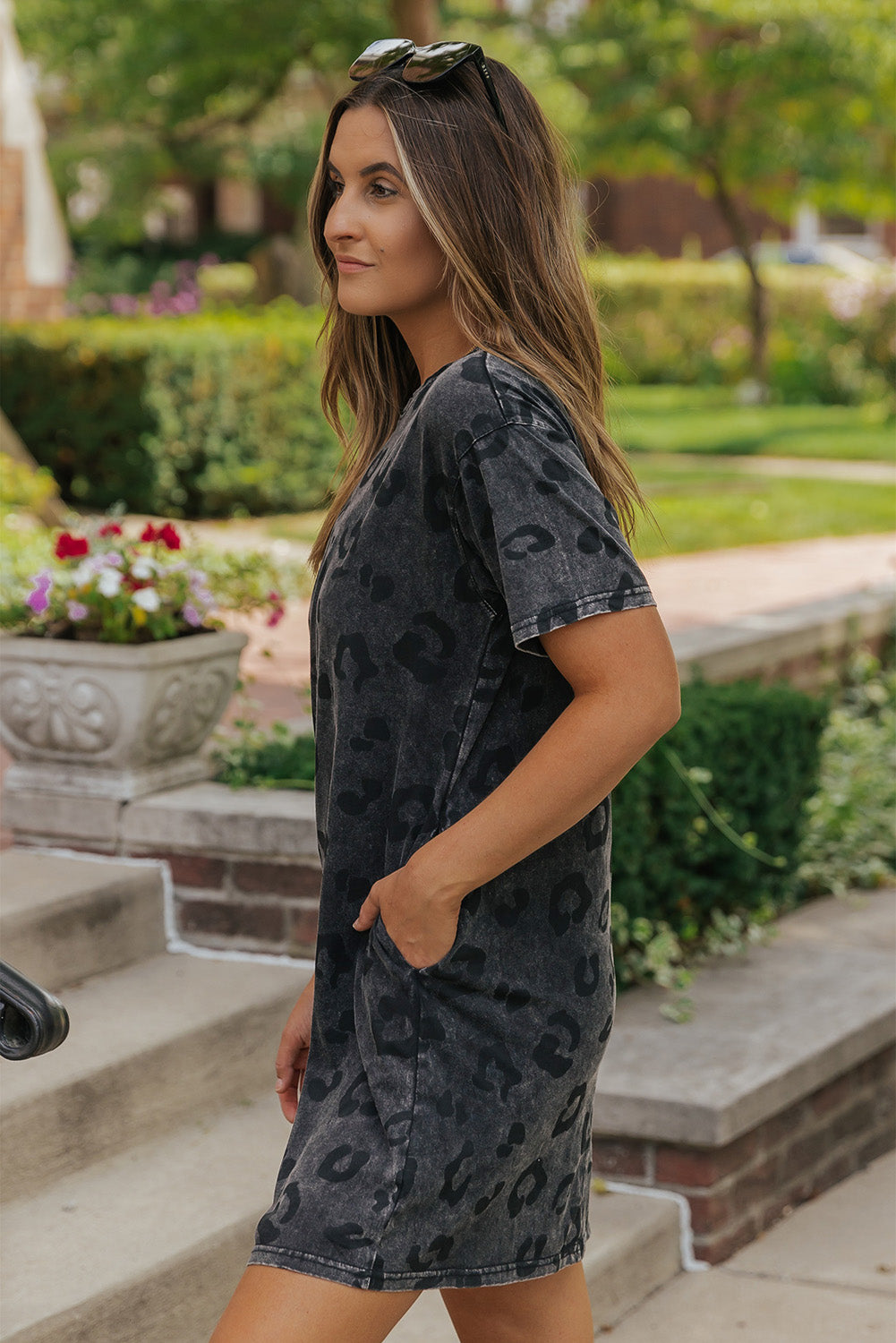 Blue Zone Planet | Gray Vintage Washed Leopard T-Shirt Dress with Pockets Blue Zone Planet