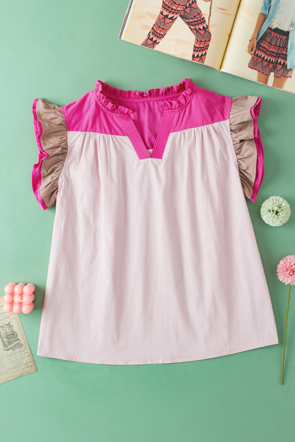 Blue Zone Planet | Mist Blue Colorblock Ruffled Sleeve Frill V Neck Blouse Blue Zone Planet