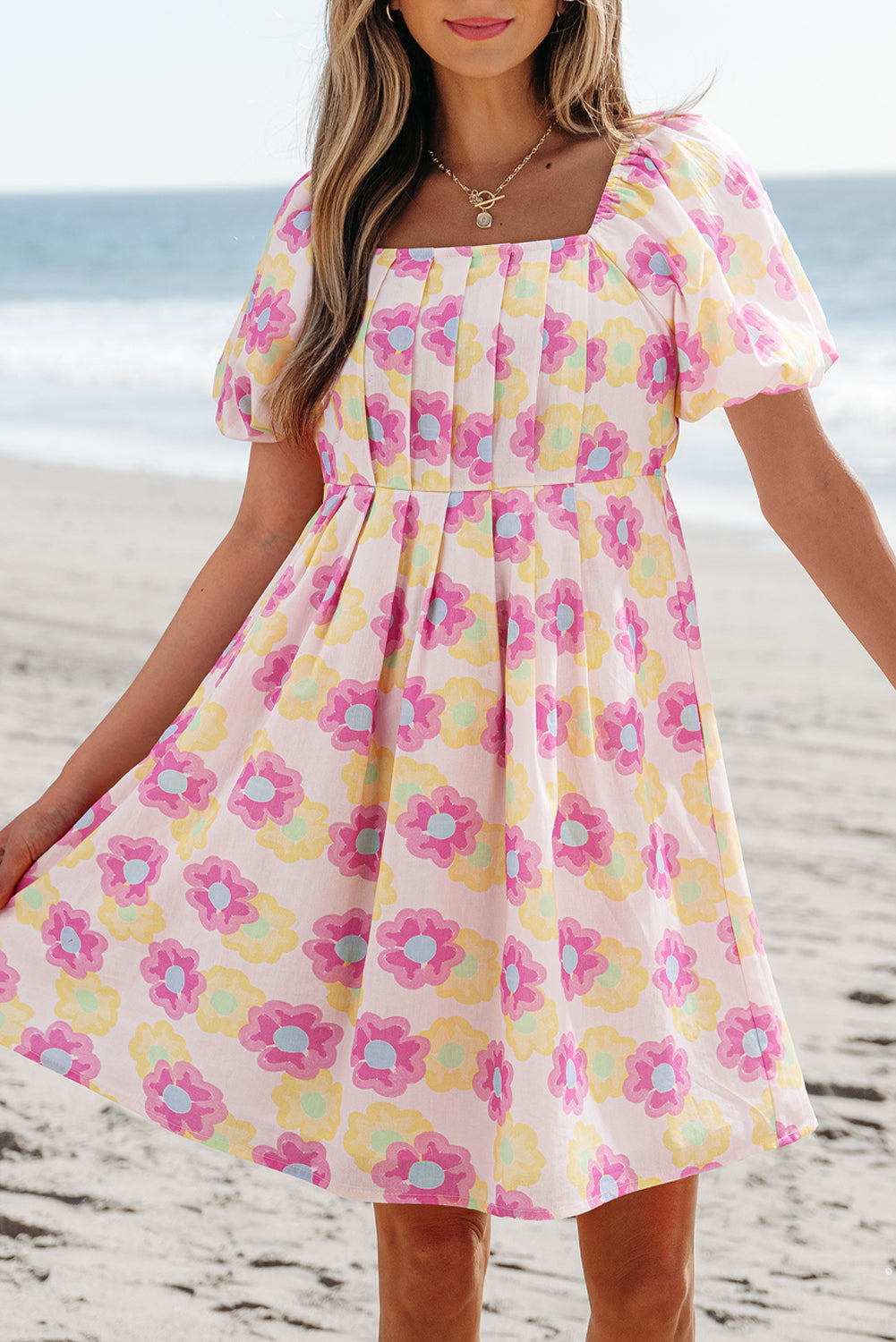 Rose Vibrant Floral Puff Sleeve Pleated Flared Mini Dress  Blue Zone Planet