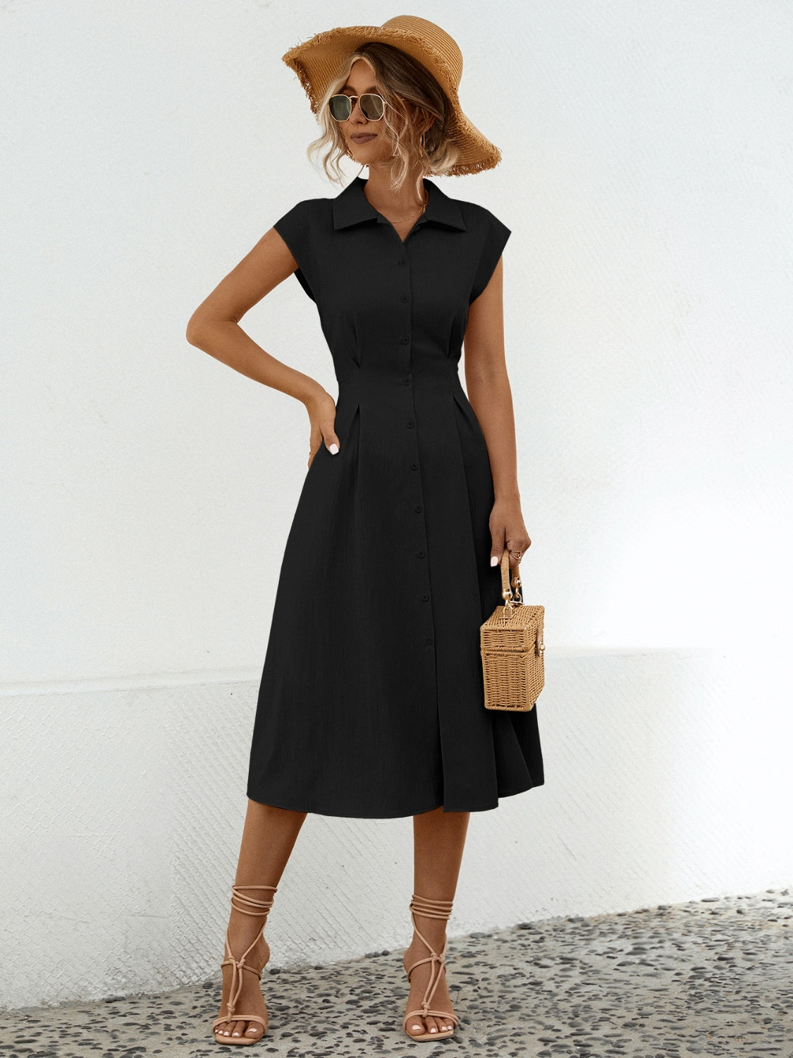 Blue Zone Planet | Button Up Cap Sleeve Midi Dress BLUE ZONE PLANET