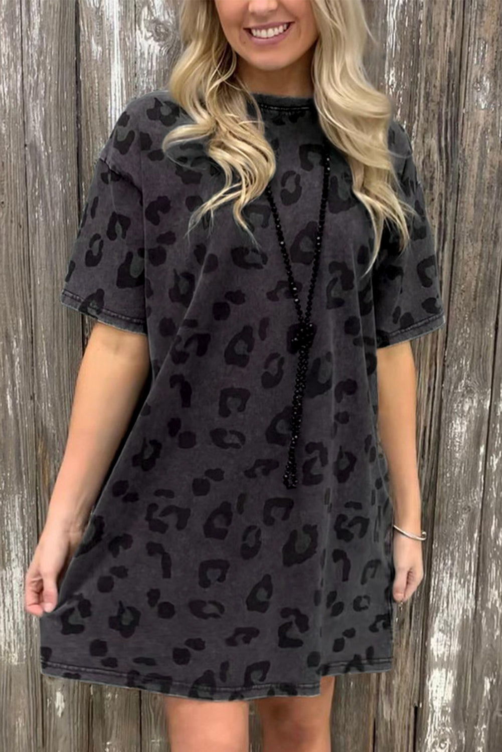 Blue Zone Planet | Gray Vintage Washed Leopard T-Shirt Dress with Pockets Blue Zone Planet