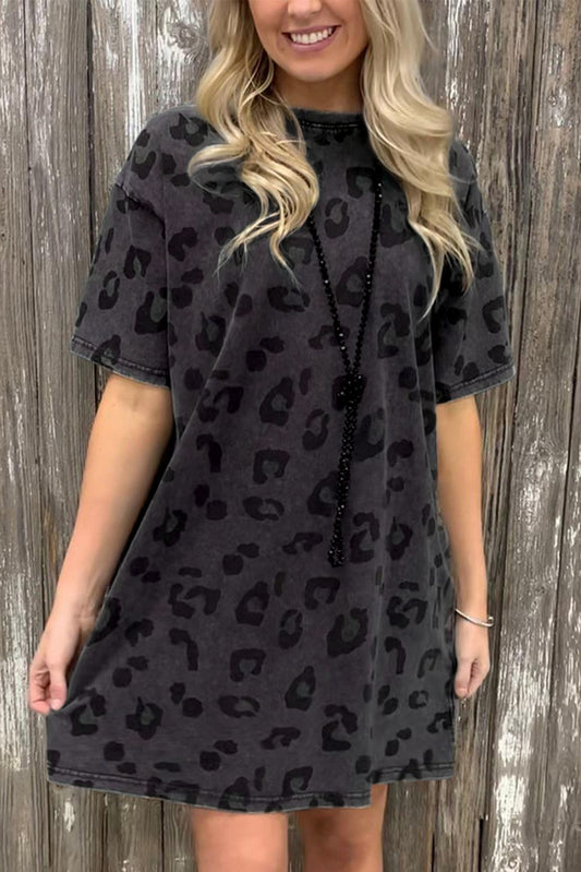 Blue Zone Planet | Gray Vintage Washed Leopard T-Shirt Dress with Pockets-TOPS / DRESSES-[Adult]-[Female]-Gray-S-2022 Online Blue Zone Planet