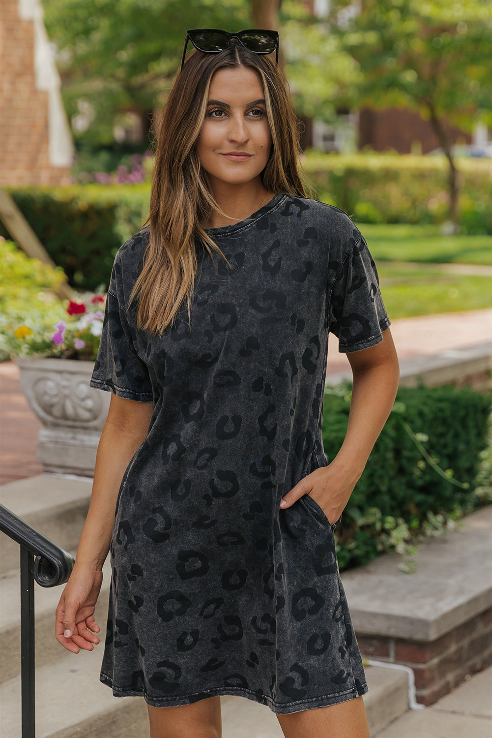 Blue Zone Planet | Gray Vintage Washed Leopard T-Shirt Dress with Pockets Blue Zone Planet